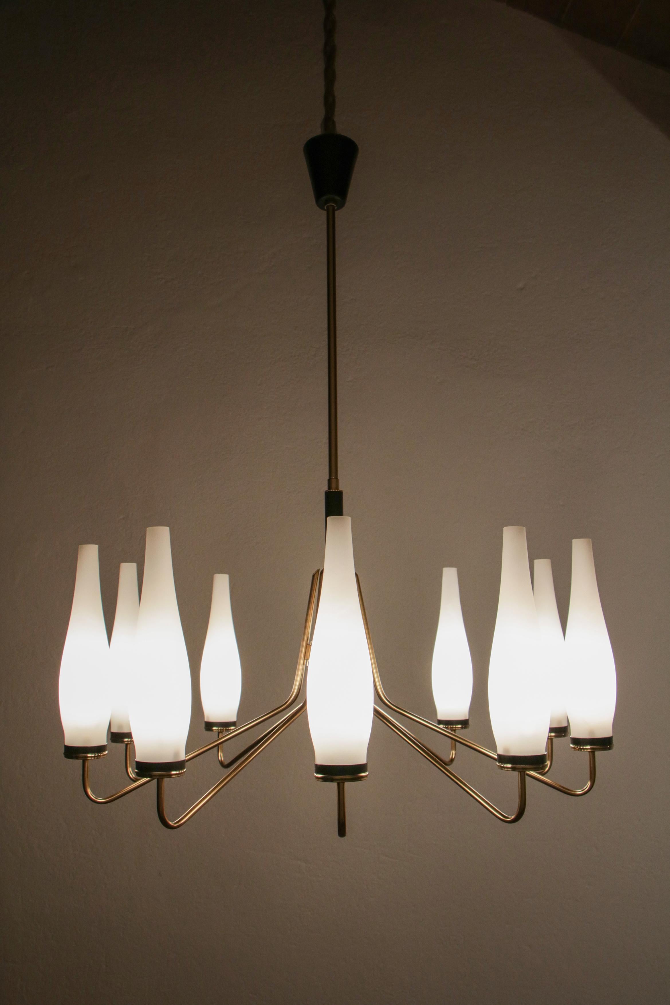 Mid-20th Century Italian Mid-Century Modern Ten Lights Chandelier Attributer to Stilnovo, 1950s For Sale