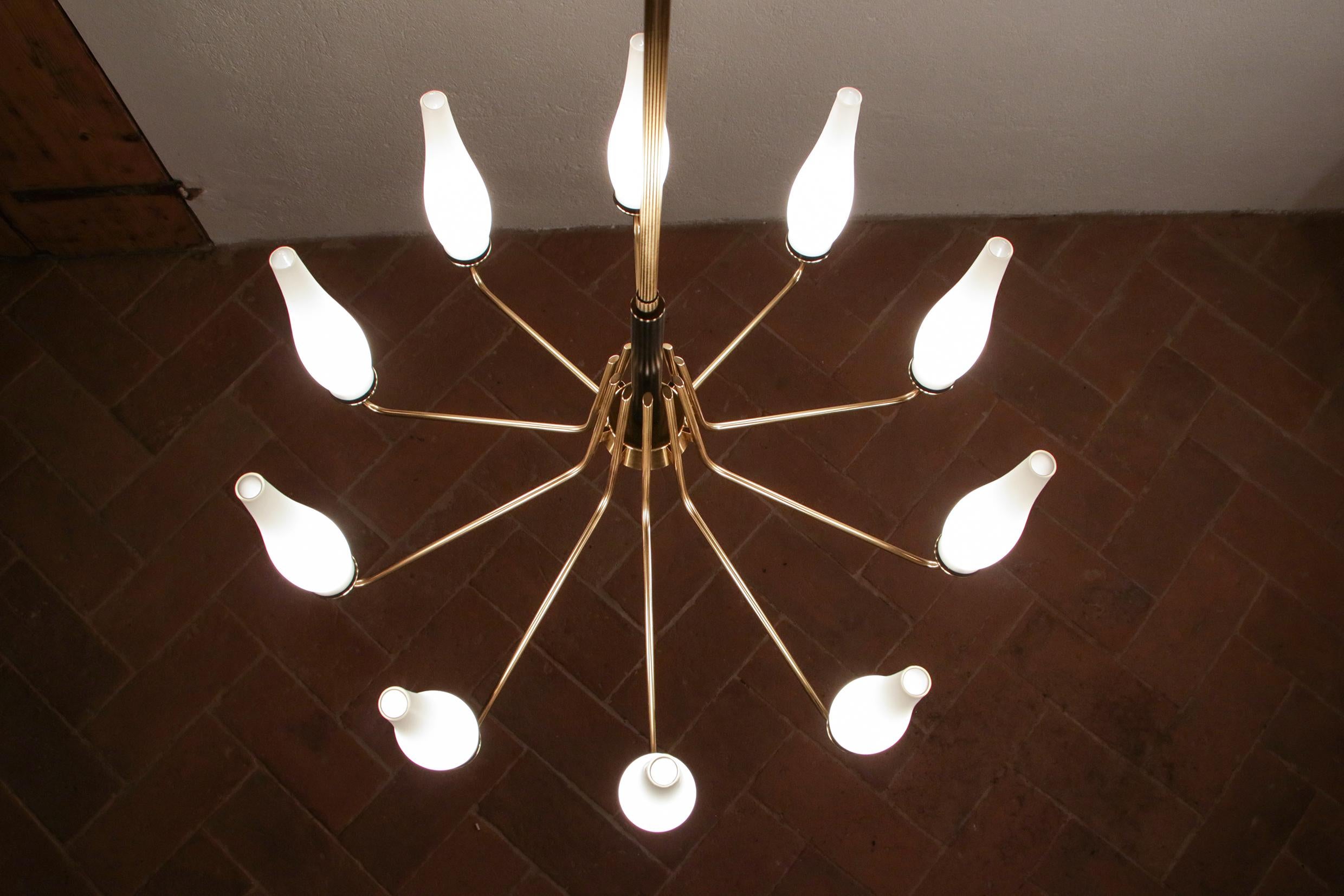 Italian Mid-Century Modern Ten Lights Chandelier Attributer to Stilnovo, 1950s For Sale 1