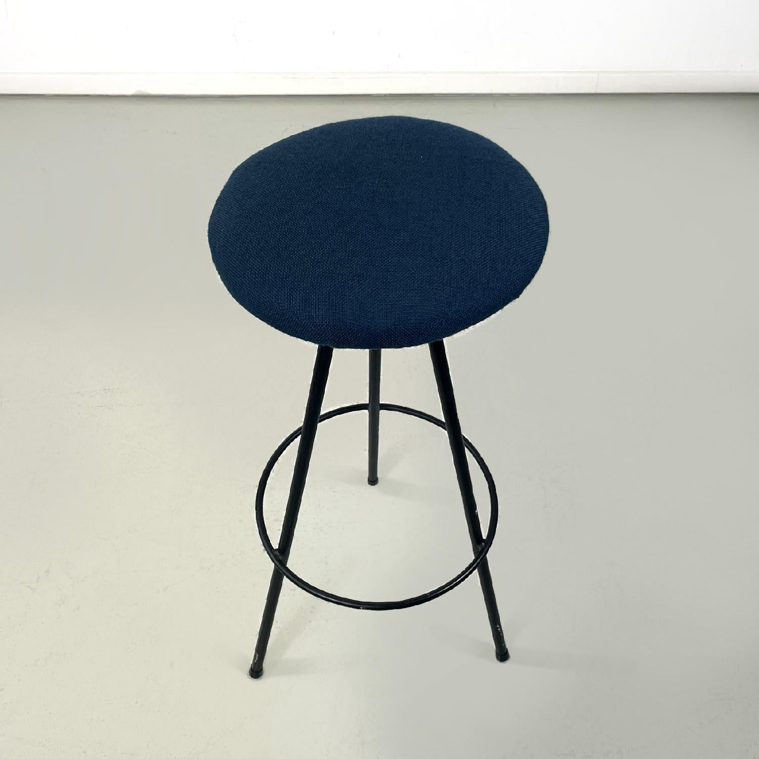 Mid-Century Modern Italian mid-century modern three legs black metal and blue fabric stool, 1950s For Sale