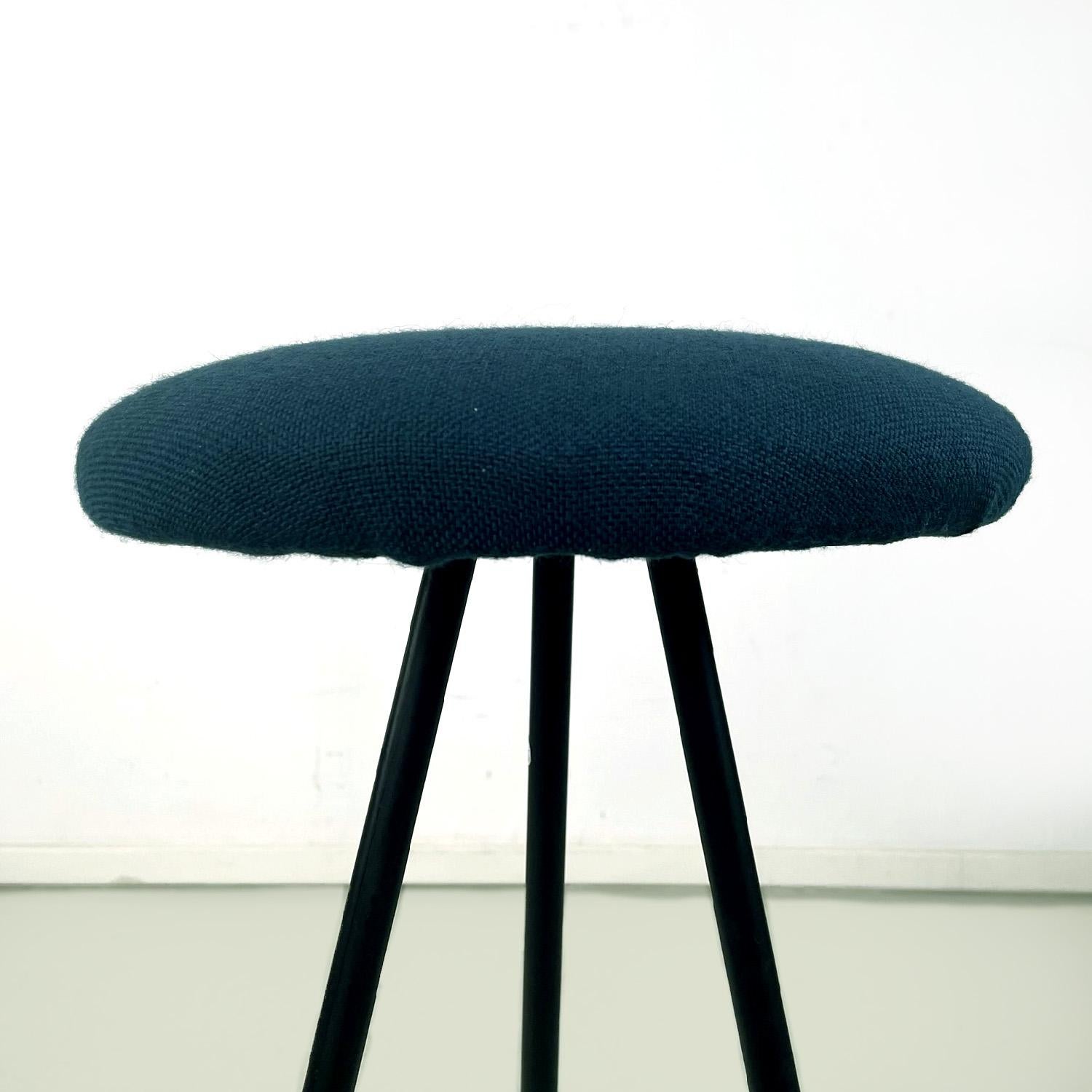 Mid-20th Century Italian mid-century modern three legs black metal and blue fabric stool, 1950s For Sale