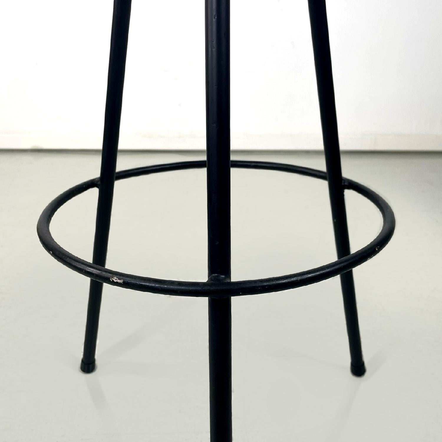 Italian mid-century modern three legs black metal and blue fabric stool, 1950s For Sale 1