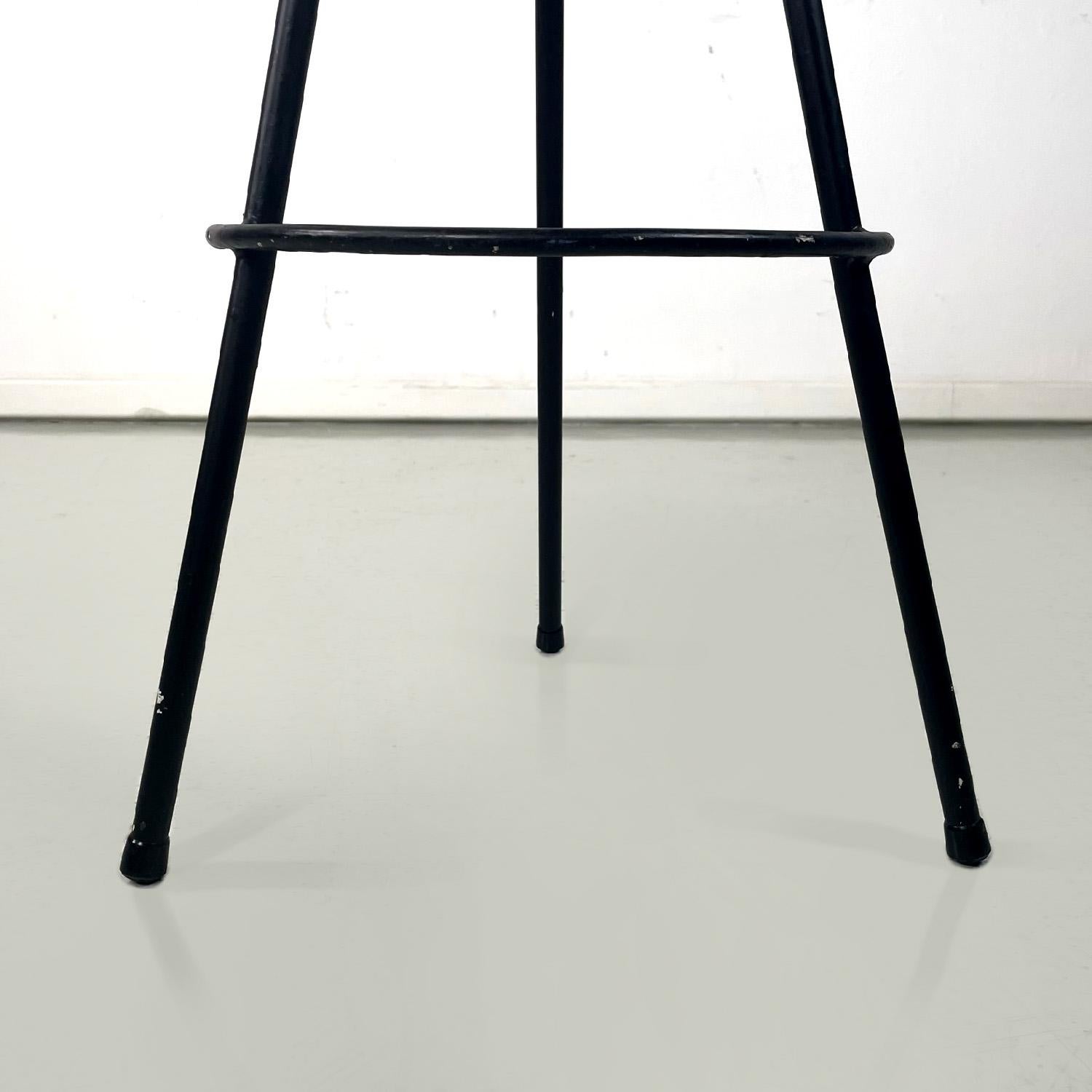 Italian mid-century modern three legs black metal and blue fabric stool, 1950s For Sale 2