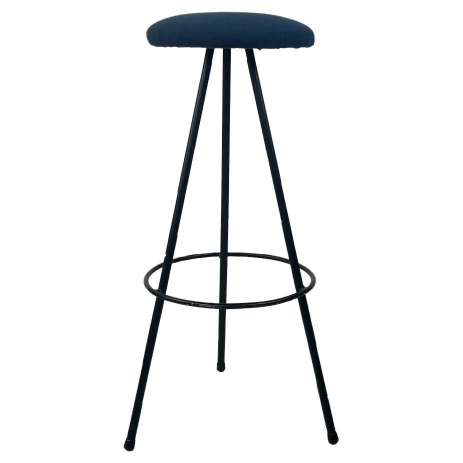 Italian mid-century modern three legs black metal and blue fabric stool, 1950s For Sale