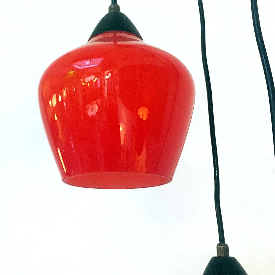 Mid-20th Century Italian Mid-Century Modern Three-Light Chandelier with Colored Glass, 1950s For Sale
