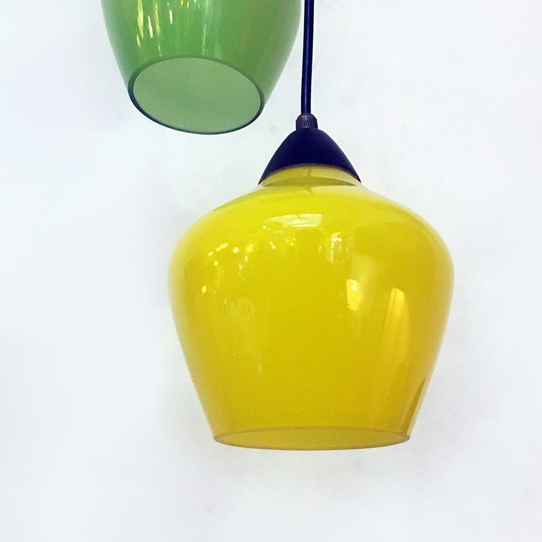 Metal Italian Mid-Century Modern Three-Light Chandelier with Colored Glass, 1950s For Sale
