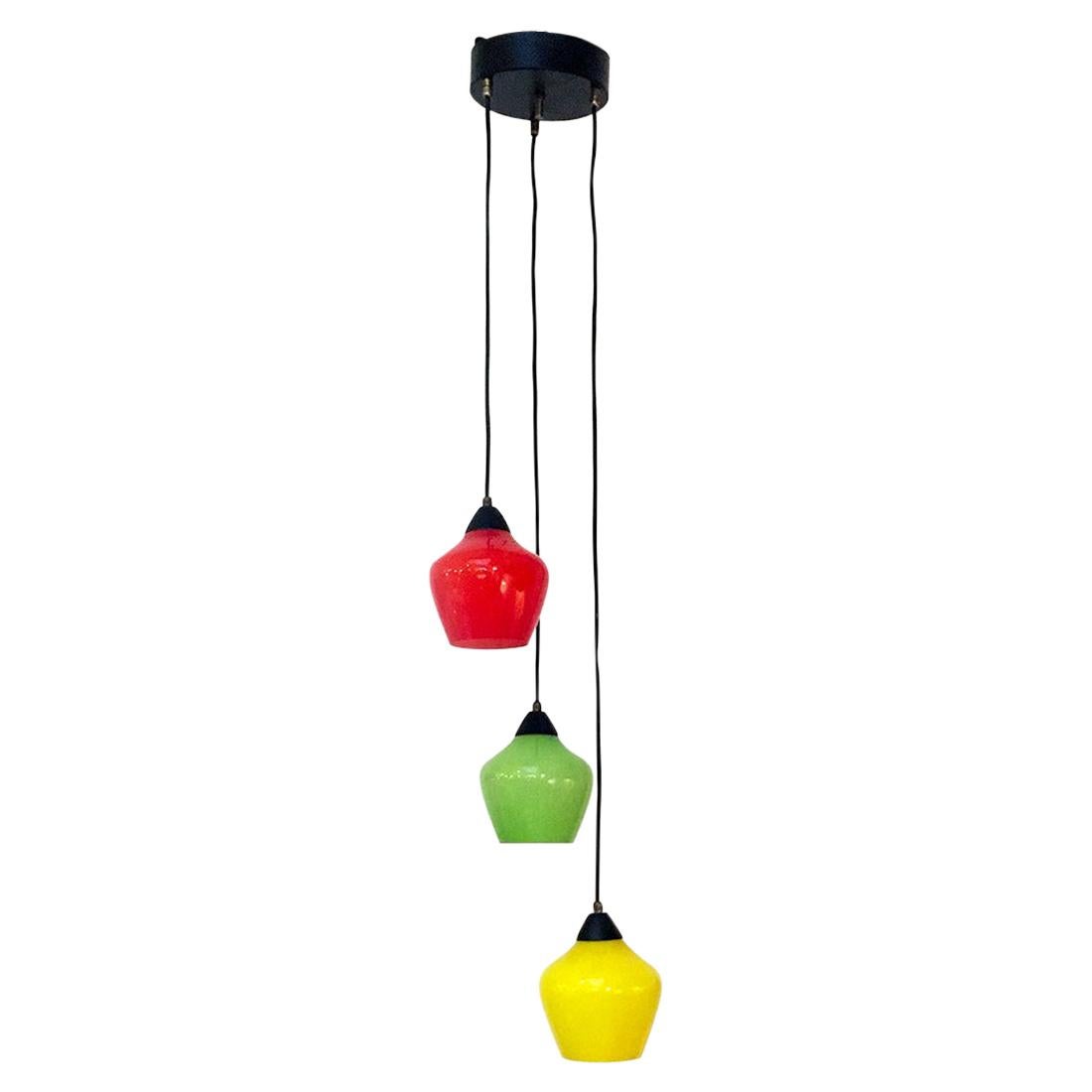 Italian Mid-Century Modern Three-Light Chandelier with Colored Glass, 1950s