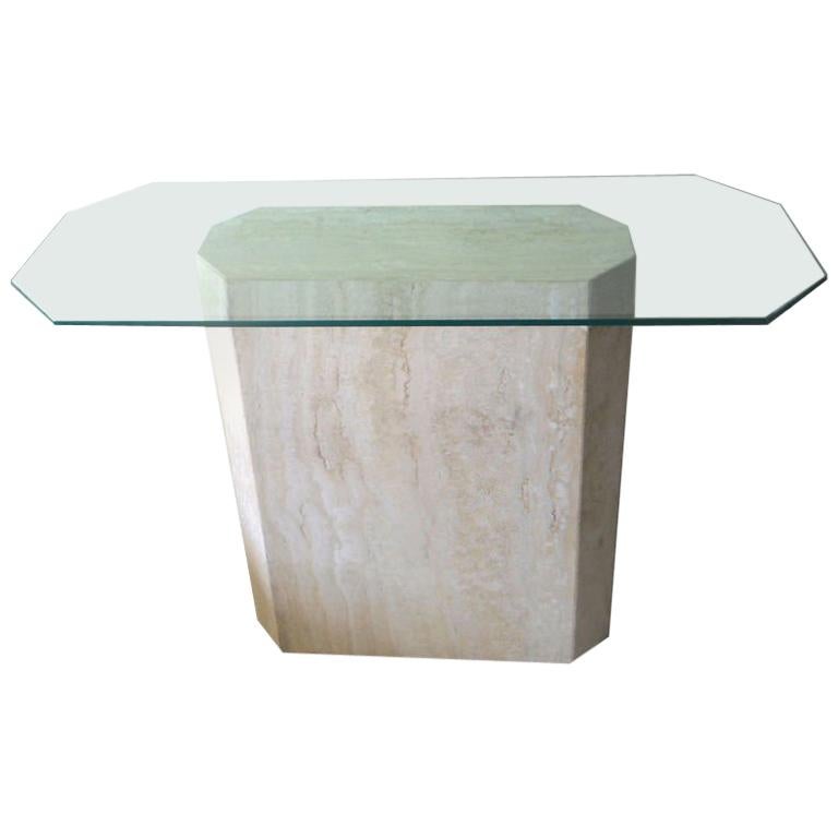 Italienische Konsole aus Travertin und abgeschrägtem Glas, Moderne Mitte des Jahrhunderts