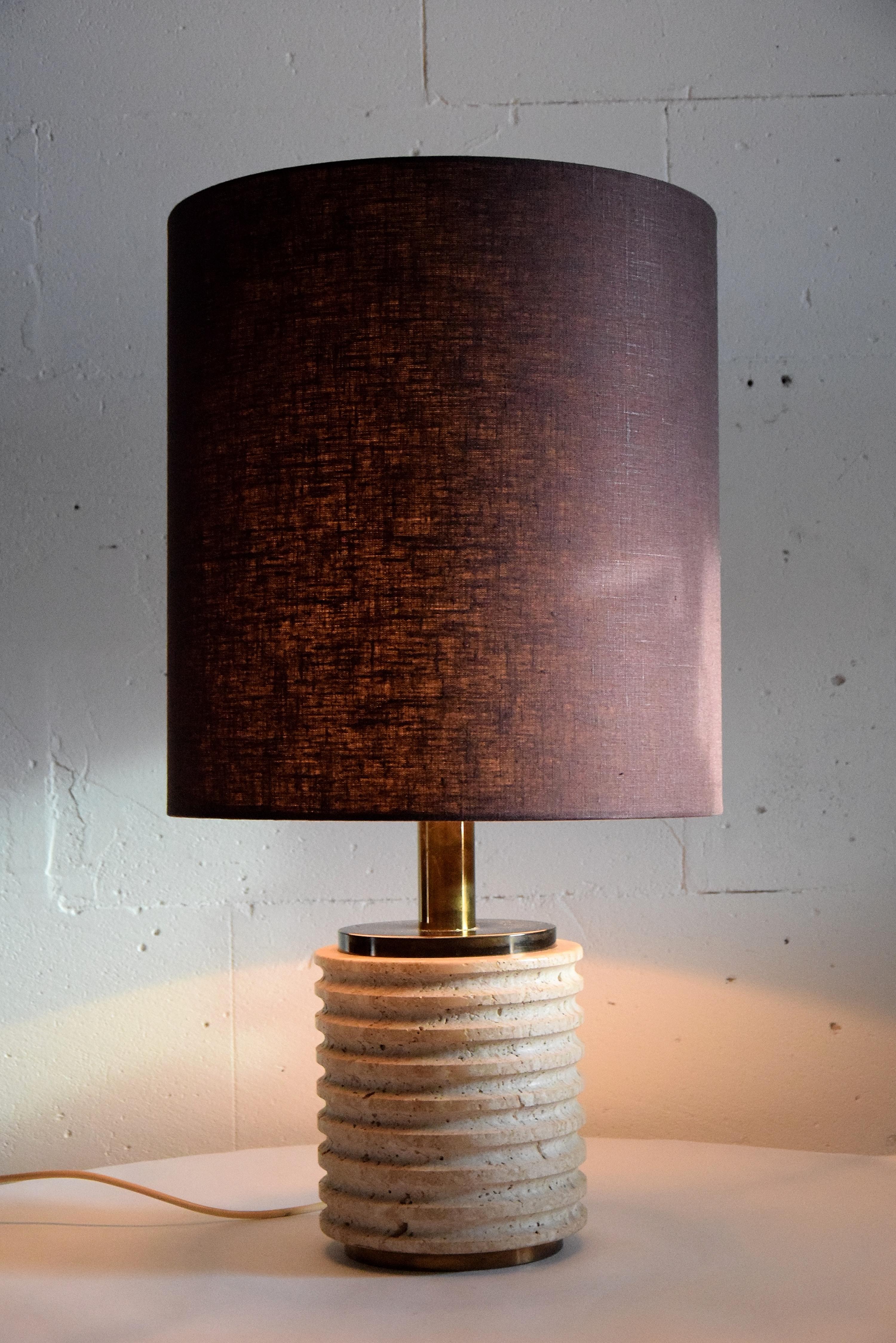 Brass Italian Mid-Century Modern Travertine Brown and Beige Table Lamp For Sale