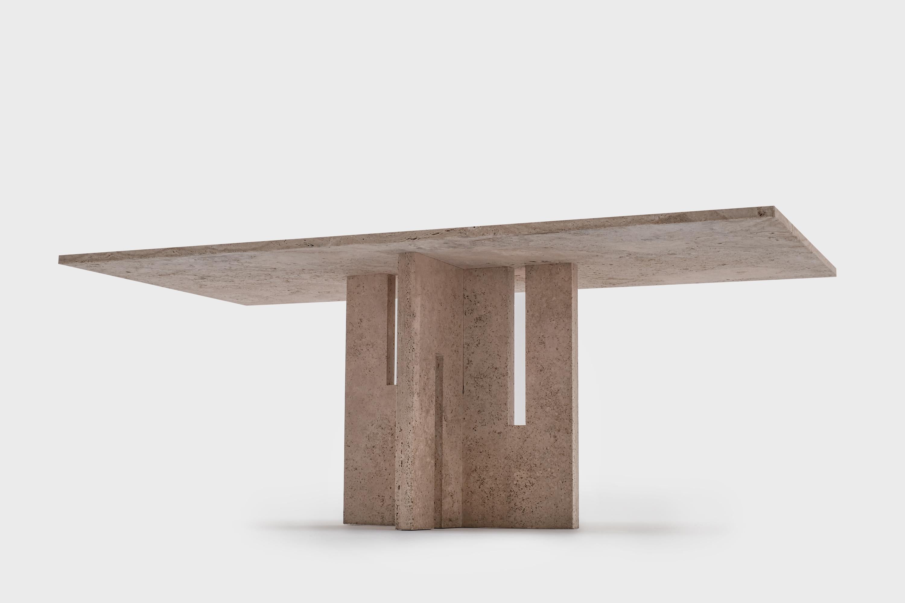 Impressive travertine dining table in the style of Carlo Scarpa, Italy, 1970s. The table is fully made of Italian travertine with a beautiful pattern. The 3 cm thick travertine top lays on an architectonic base made of 4 cm thick travertine. Very