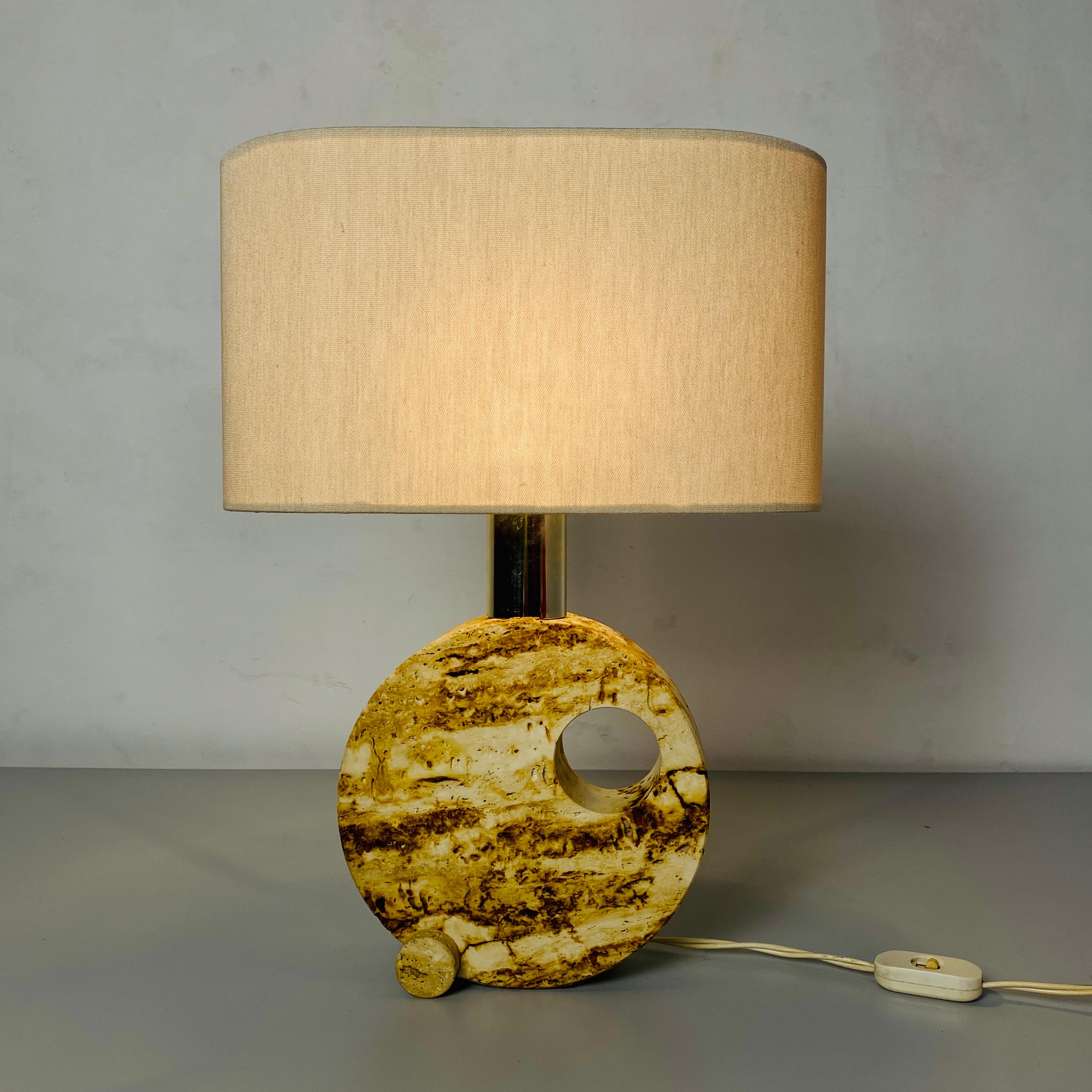 Italian Mid-Century Modern Travertine Table Lamp with Cotton Lampshade, 1970s For Sale 5