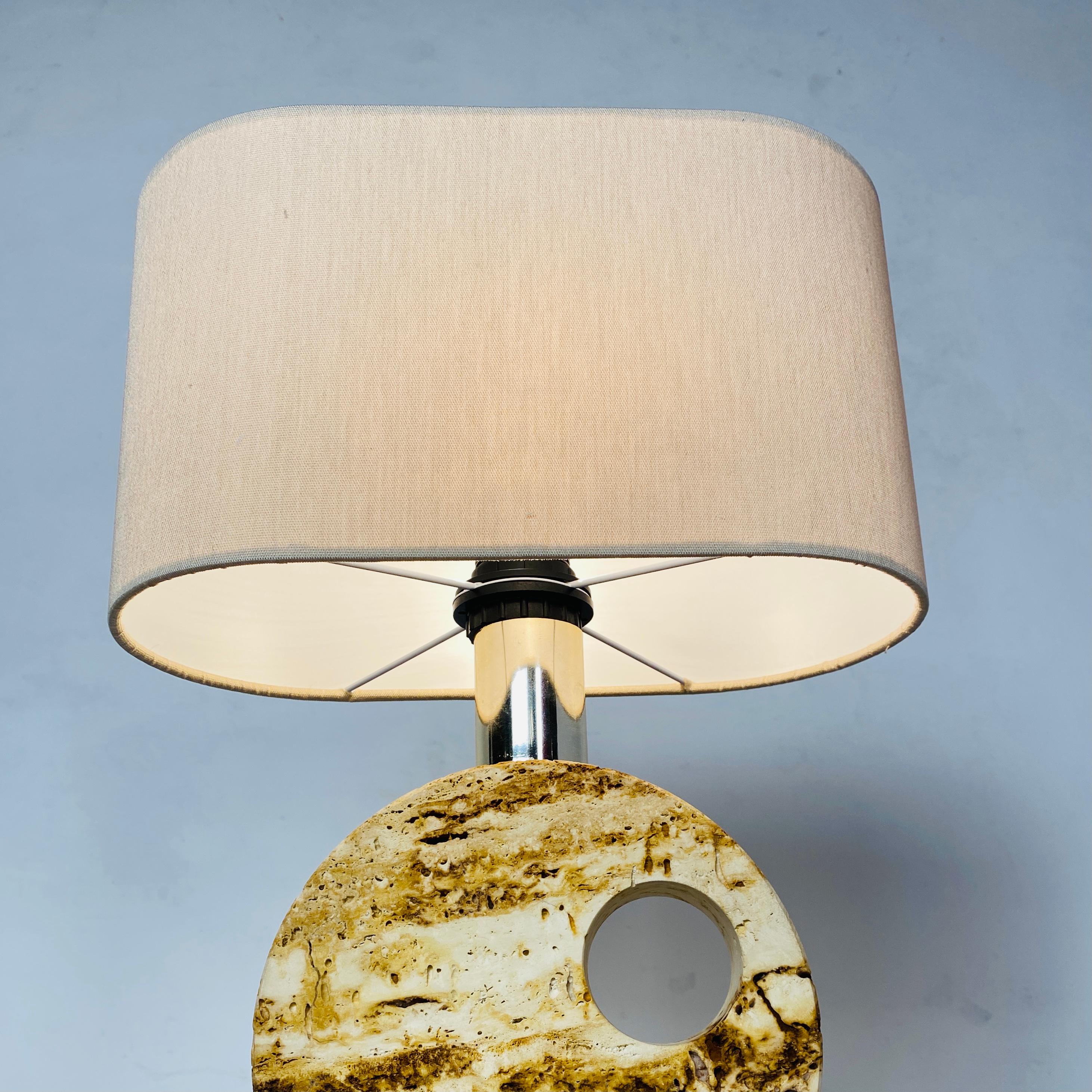 Italian Mid-Century Modern Travertine Table Lamp with Cotton Lampshade, 1970s For Sale 6