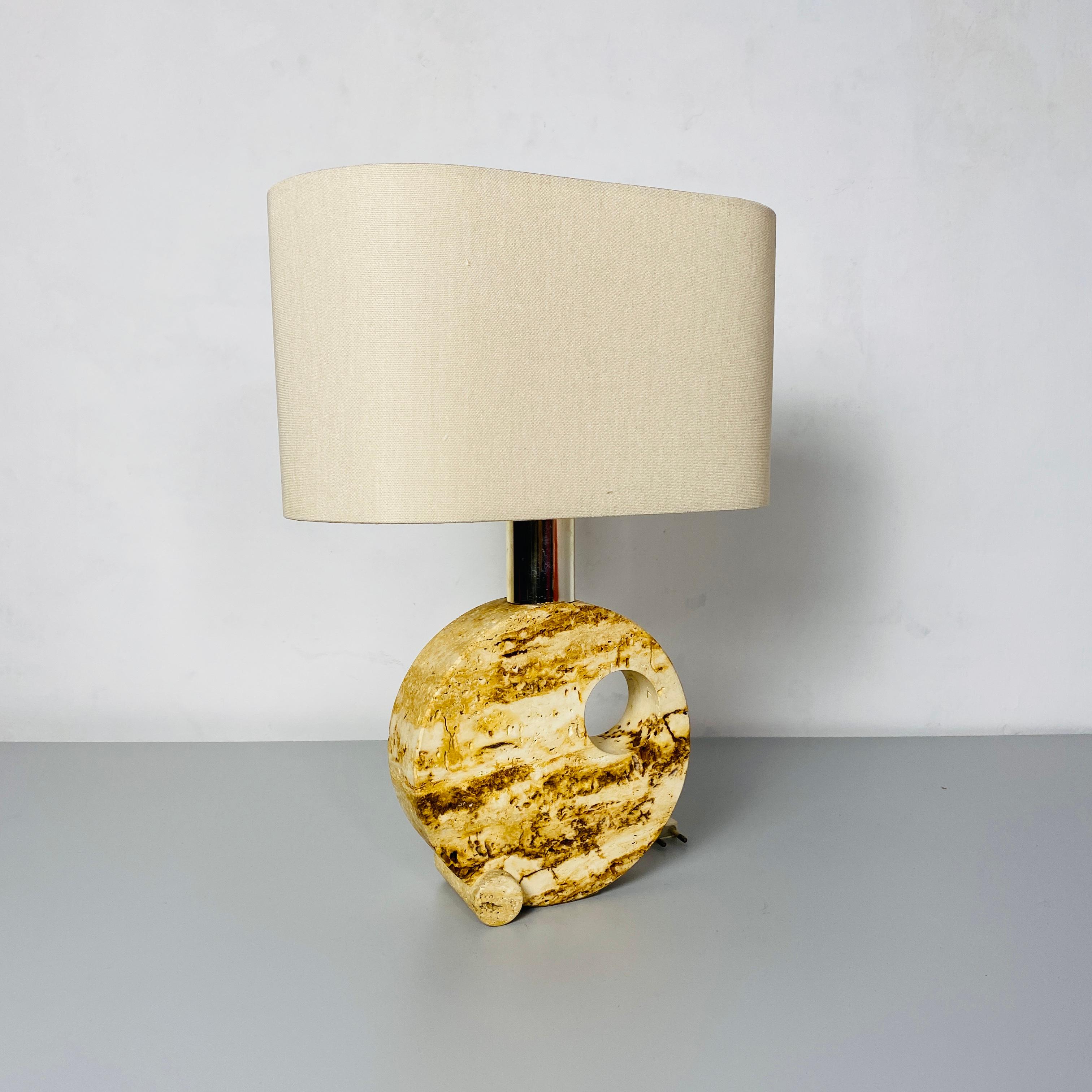 Late 20th Century Italian Mid-Century Modern Travertine Table Lamp with Cotton Lampshade, 1970s For Sale