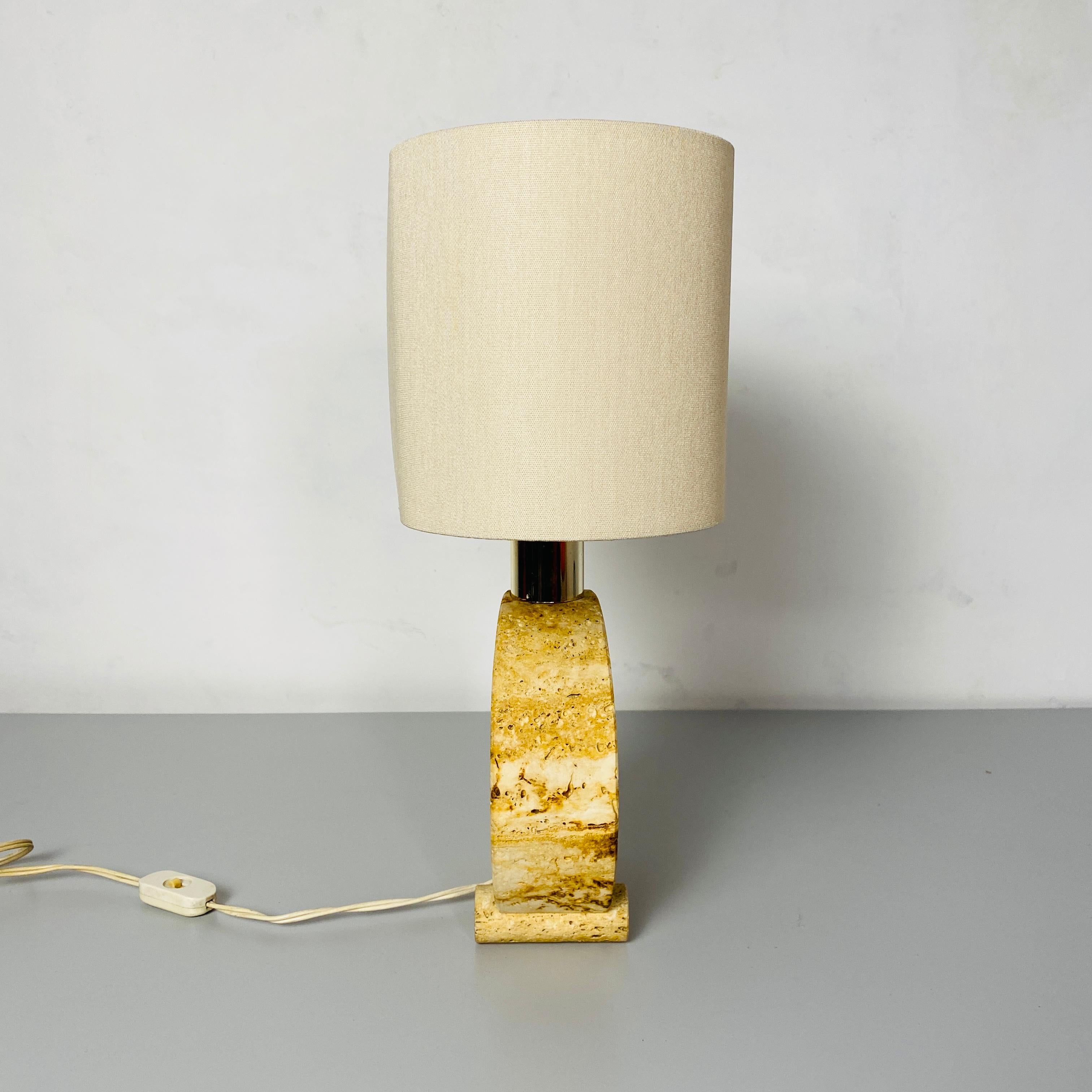 Metal Italian Mid-Century Modern Travertine Table Lamp with Cotton Lampshade, 1970s For Sale