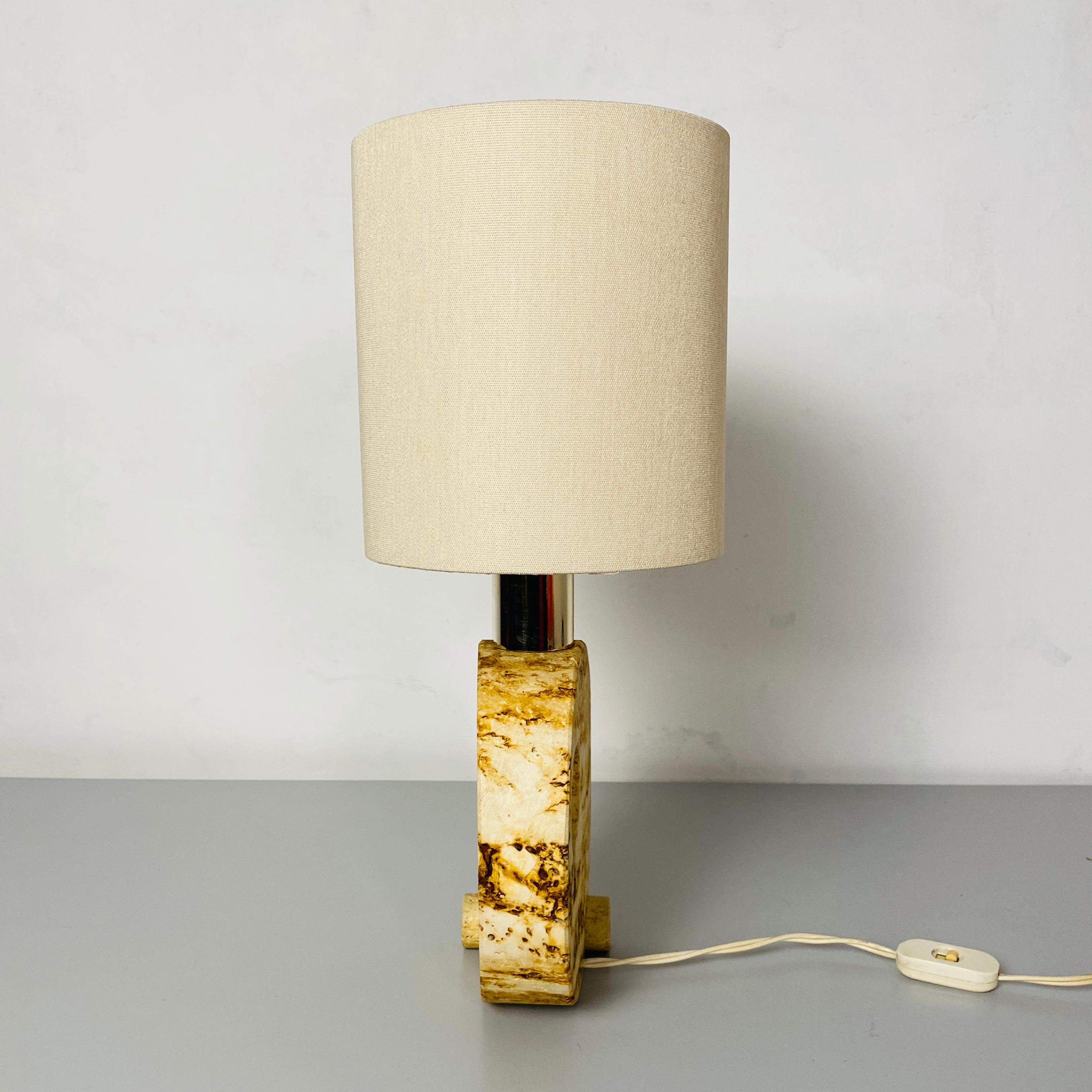 Italian Mid-Century Modern Travertine Table Lamp with Cotton Lampshade, 1970s For Sale 1