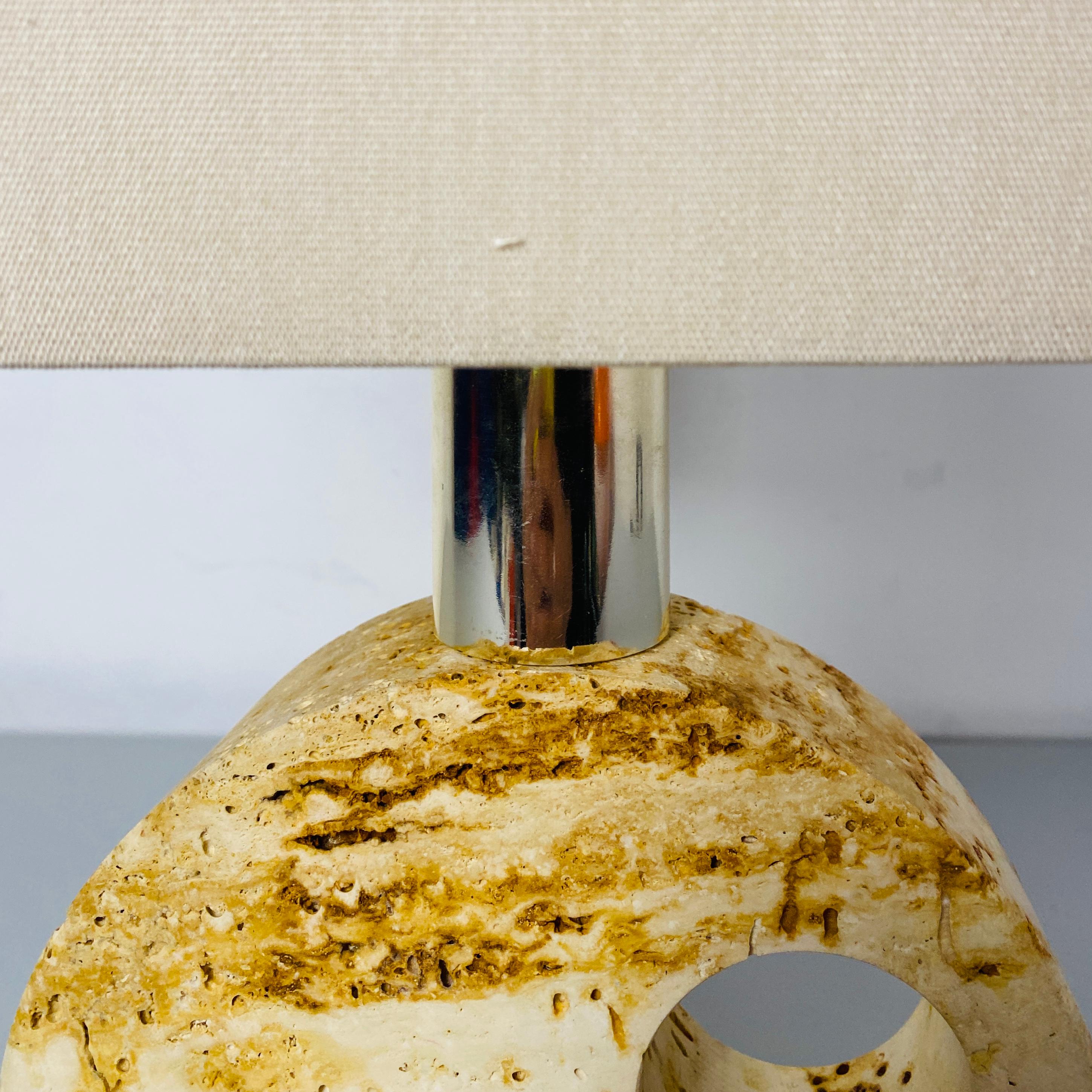 Italian Mid-Century Modern Travertine Table Lamp with Cotton Lampshade, 1970s For Sale 2