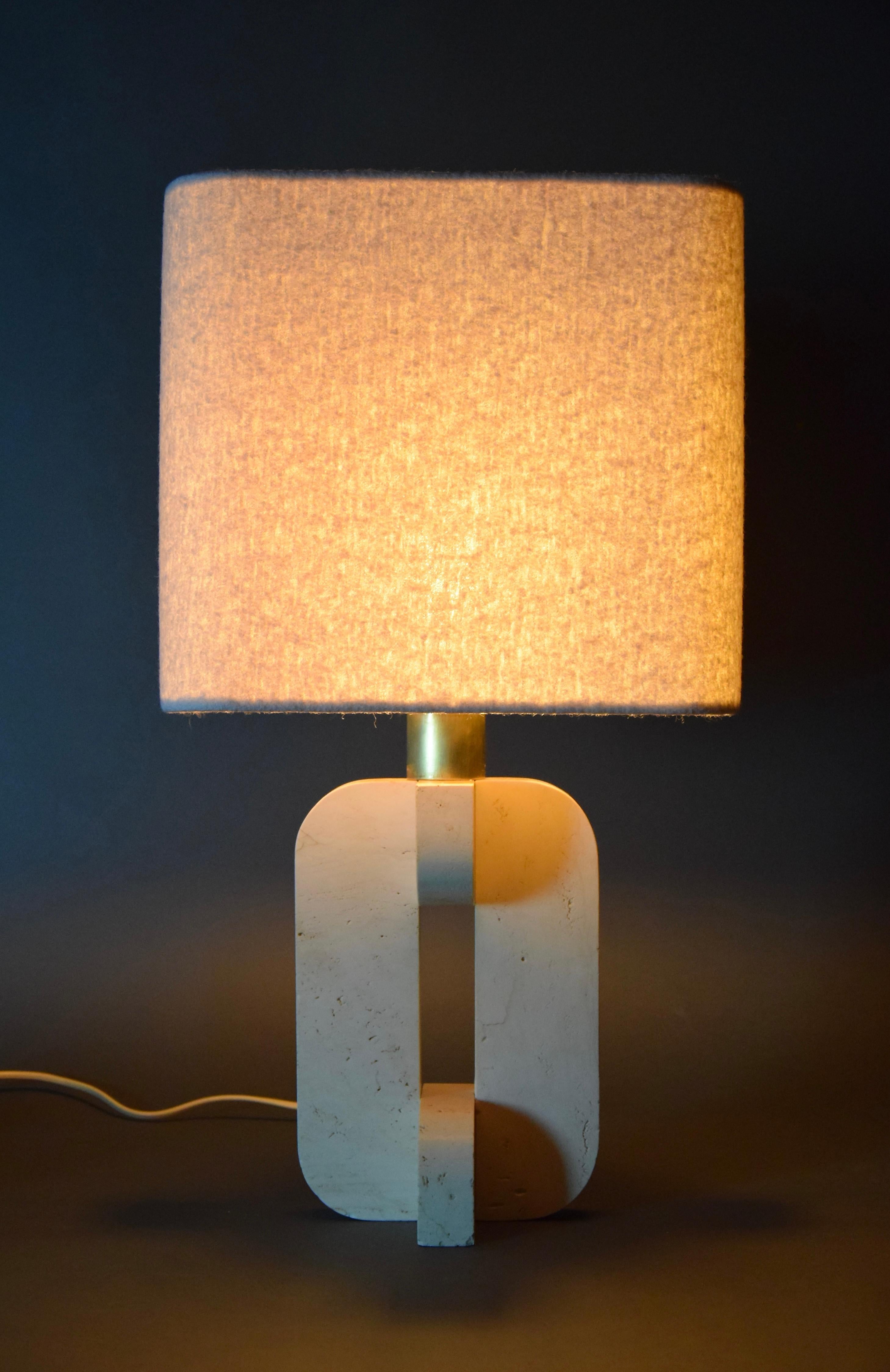 Italian Mid-Century Modern Travertine Table Lamp with White Bouclé Shade 11