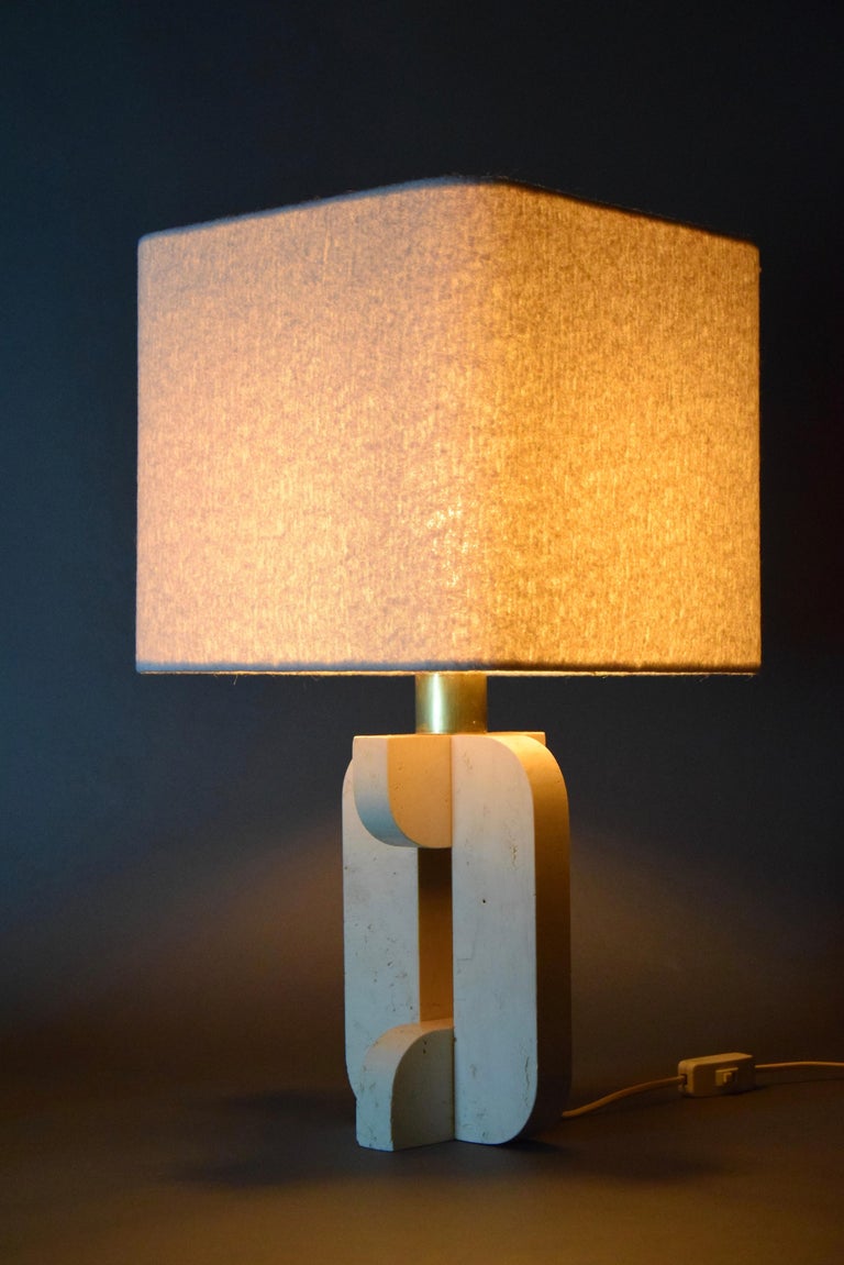 Italian Mid-Century Modern Travertine Table Lamp with White Bouclé ...