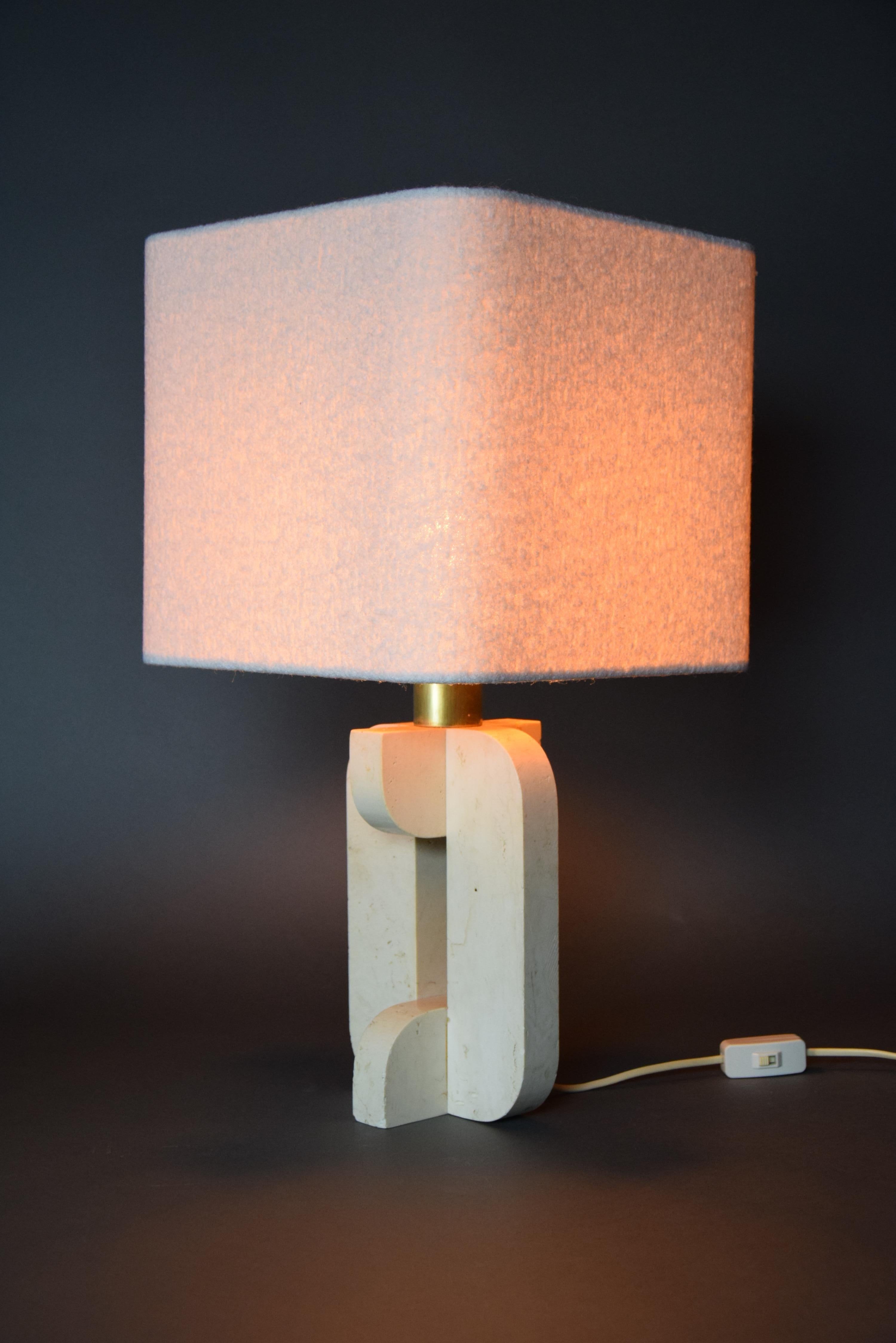 Fabric Italian Mid-Century Modern Travertine Table Lamp with White Bouclé Shade