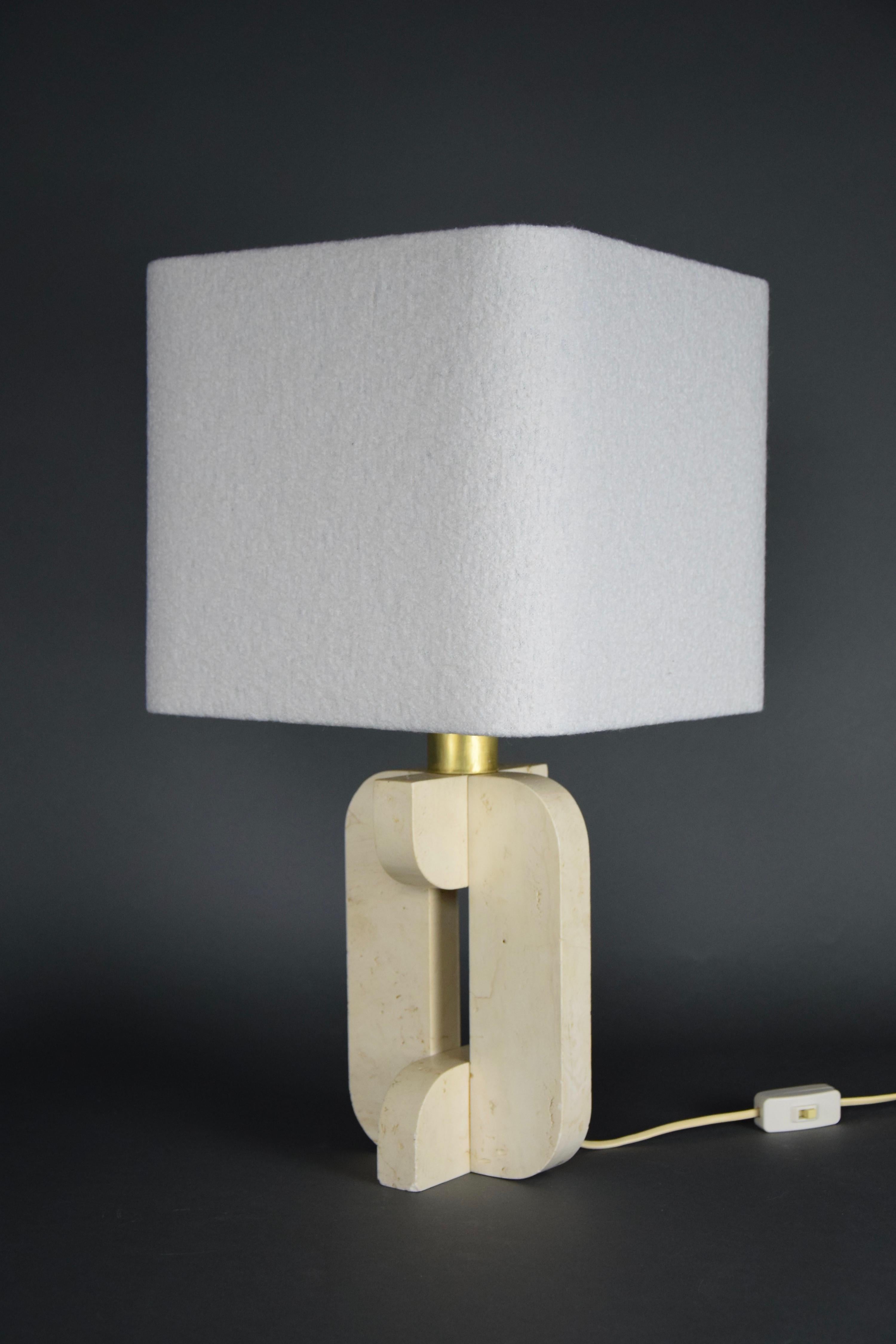 Italian Mid-Century Modern Travertine Table Lamp with White Bouclé Shade 1