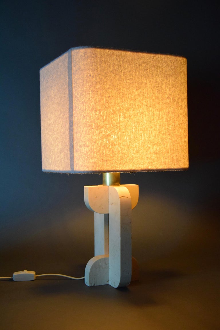 Italian Mid-Century Modern Travertine Table Lamp with White Bouclé ...