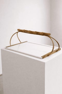 Italian Mid-Century Modern Tray Brass Ceramic Bamboo, Gucci Style, 1960s