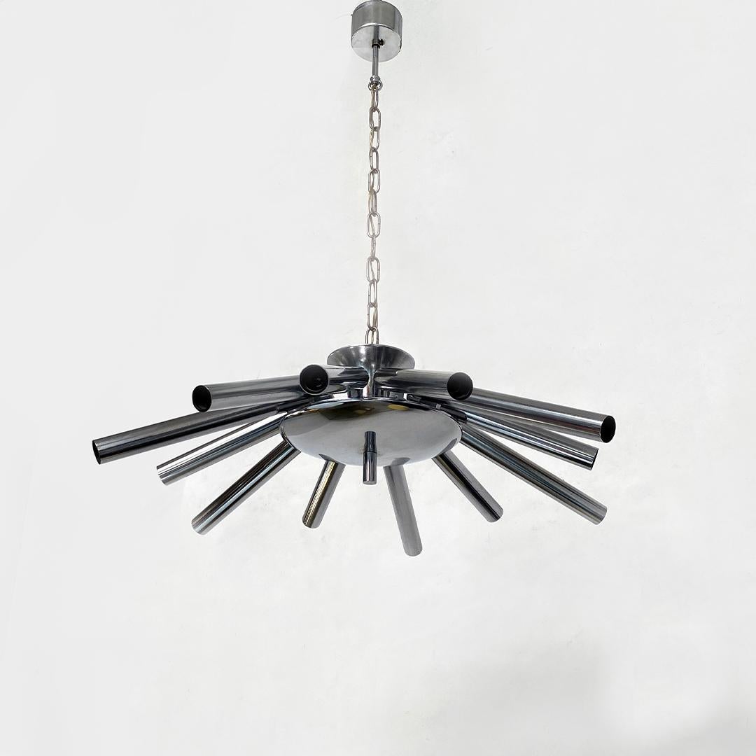 Italian Mid-Century Modern Twelve-Light Chromed Steel Chandelier, 1970 In Good Condition For Sale In MIlano, IT