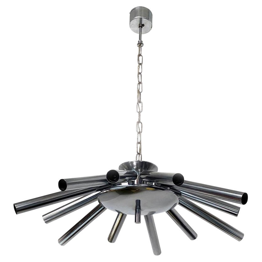 Italian Mid-Century Modern Twelve-Light Chromed Steel Chandelier, 1970