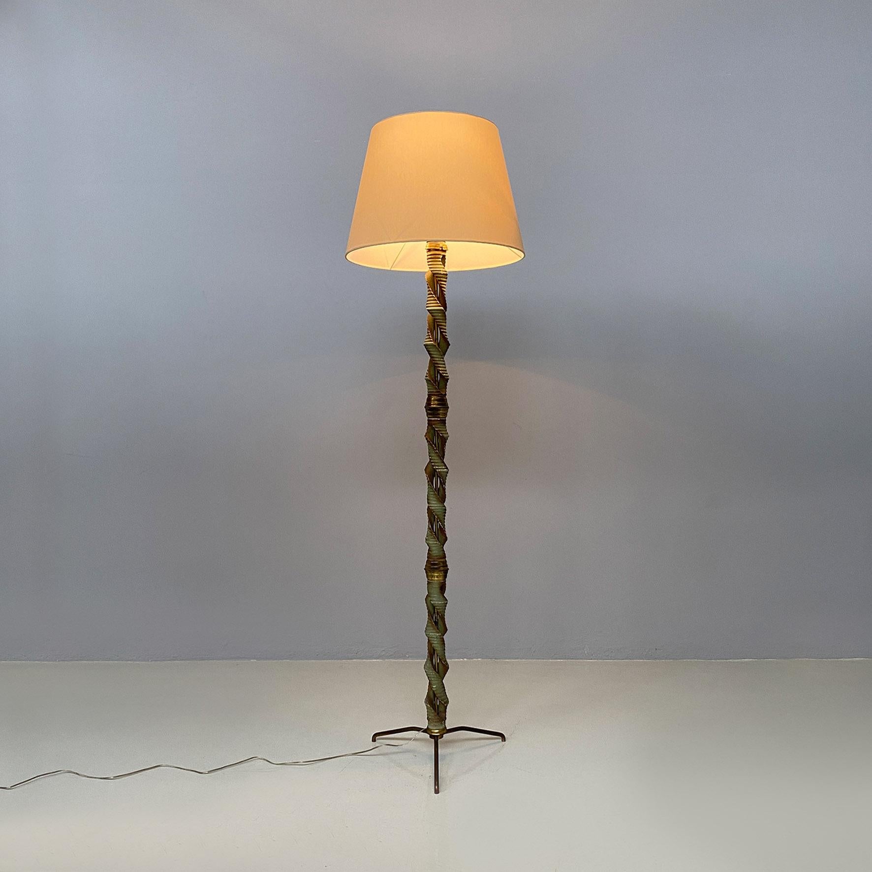 Italian mid-century modern twisted green wood, fabric & brass floor lamp, 1950s For Sale 13