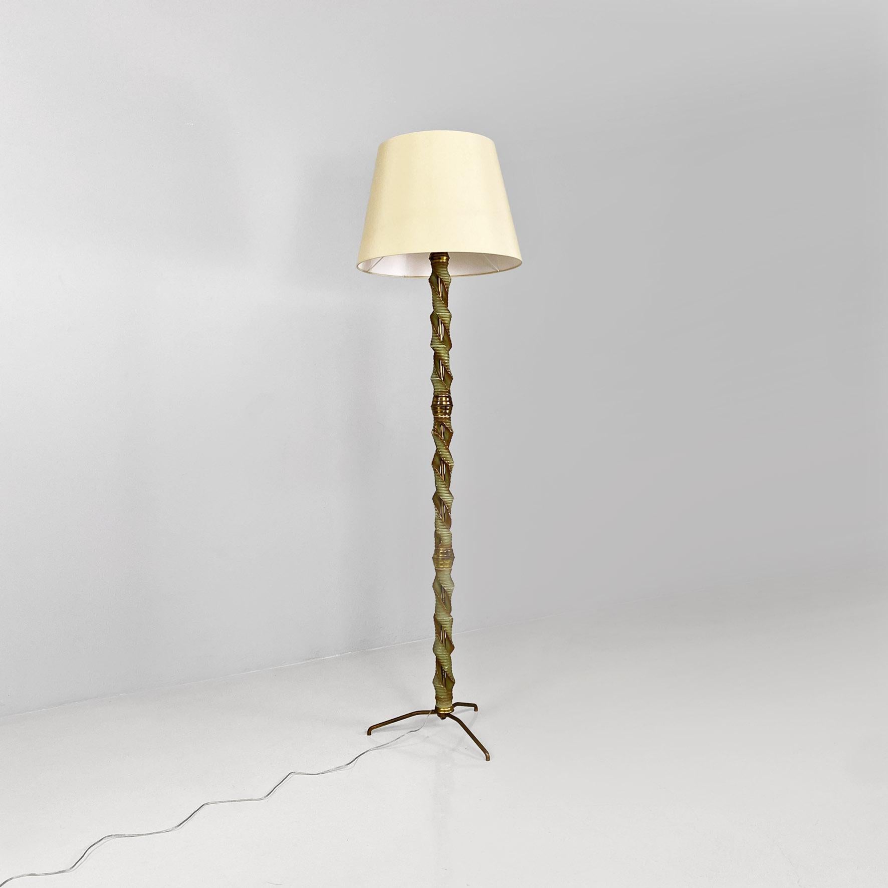 Mid-Century Modern Italian mid-century modern twisted green wood, fabric & brass floor lamp, 1950s For Sale