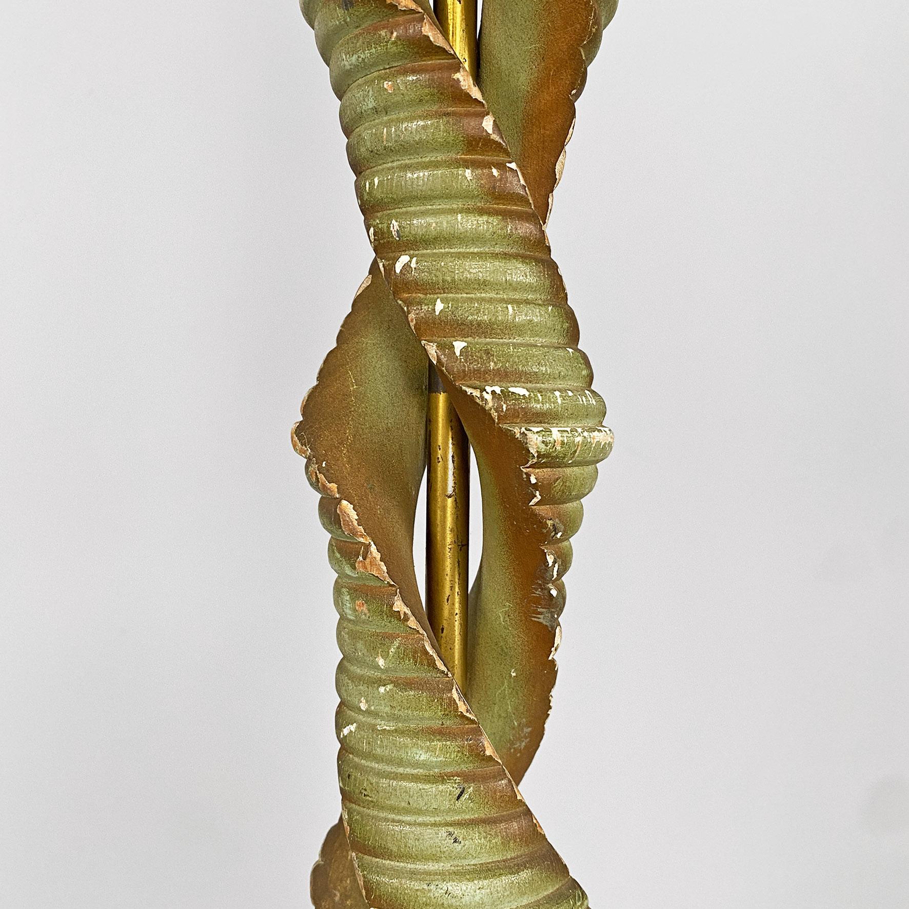 Brass Italian mid-century modern twisted green wood, fabric & brass floor lamp, 1950s For Sale