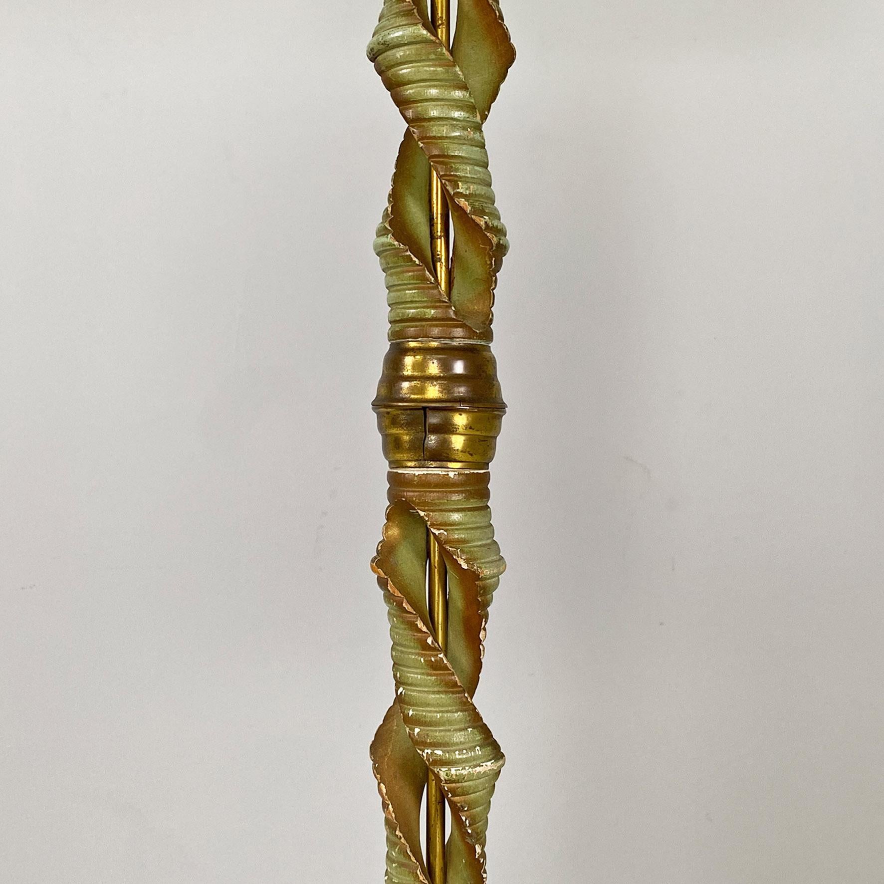 Italian mid-century modern twisted green wood, fabric & brass floor lamp, 1950s For Sale 1