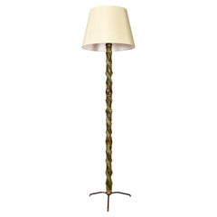 Italian mid-century modern twisted green wood, fabric & brass floor lamp, 1950s
