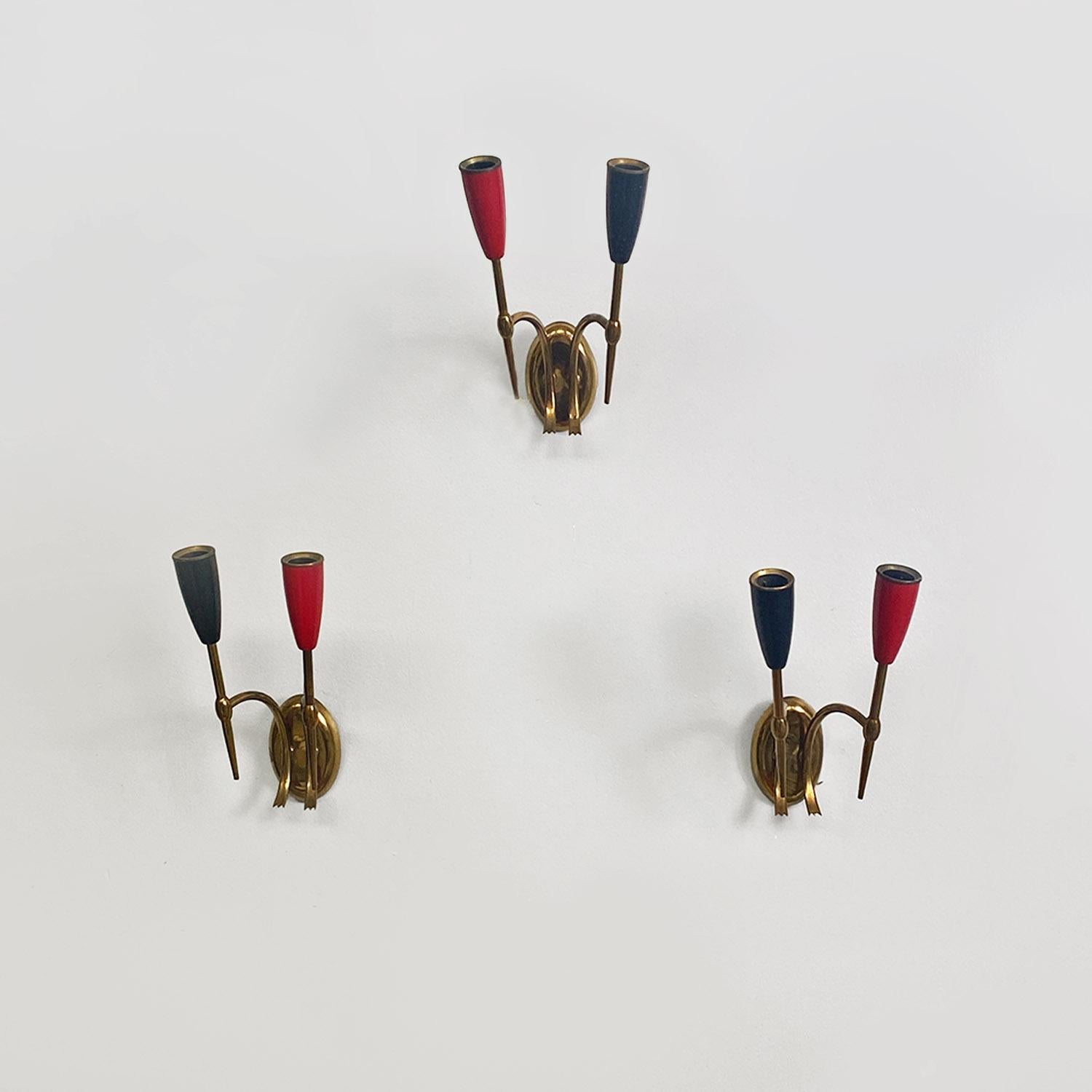 Mid-Century Modern Italian mid-century modern two-arm brass wall lamps with cone lamp holder, 1950s For Sale