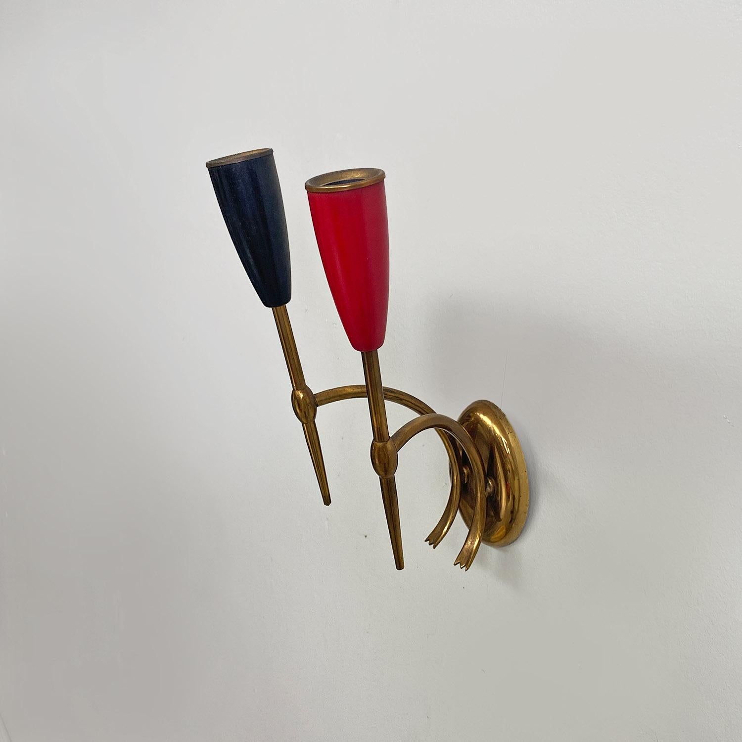 Mid-20th Century Italian mid-century modern two-arm brass wall lamps with cone lamp holder, 1950s For Sale