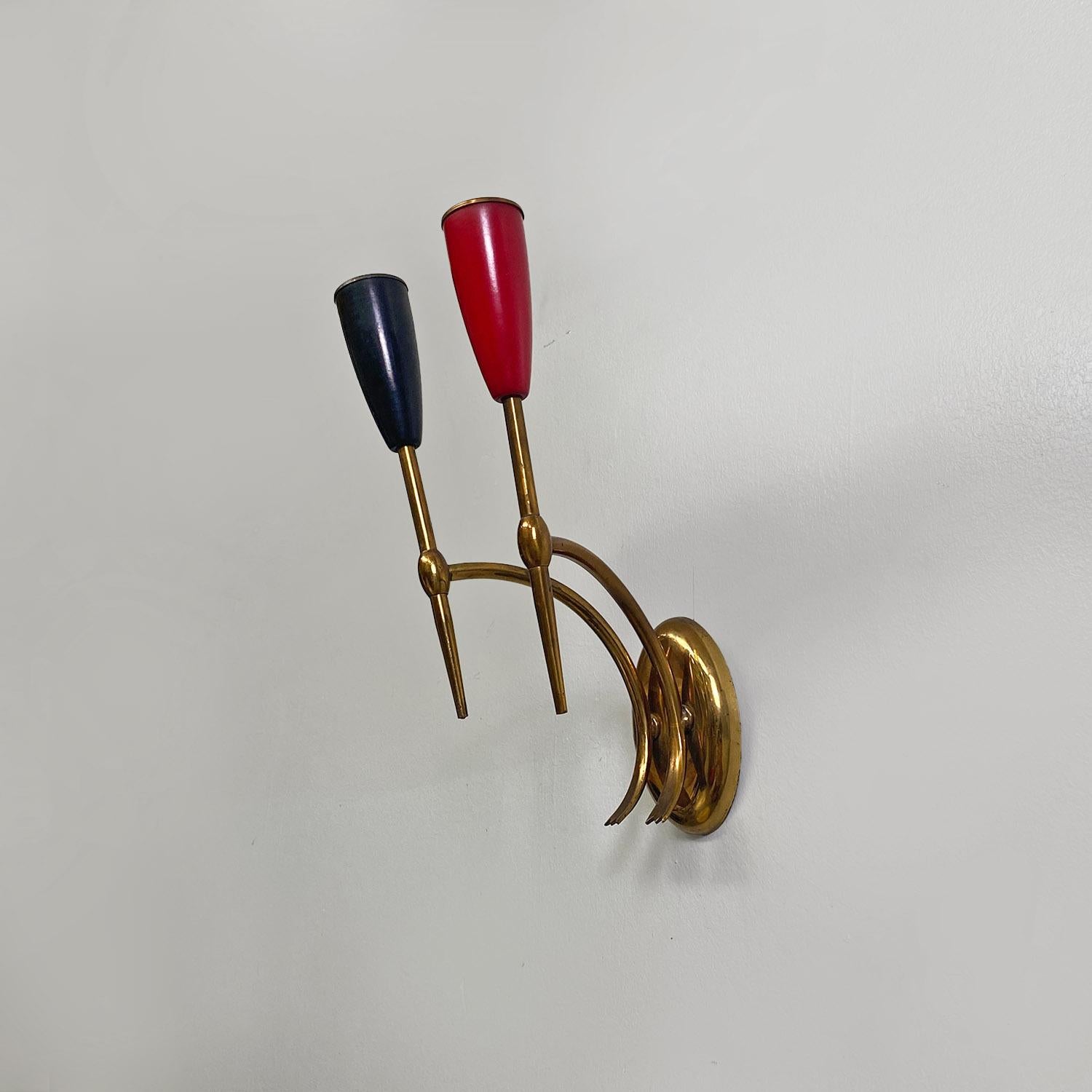 Metal Italian mid-century modern two-arm brass wall lamps with cone lamp holder, 1950s For Sale
