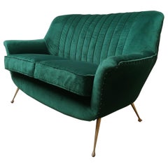 Italian Mid-Century Modern Two-Seat Green Forest Velvet Sofa, 1950s