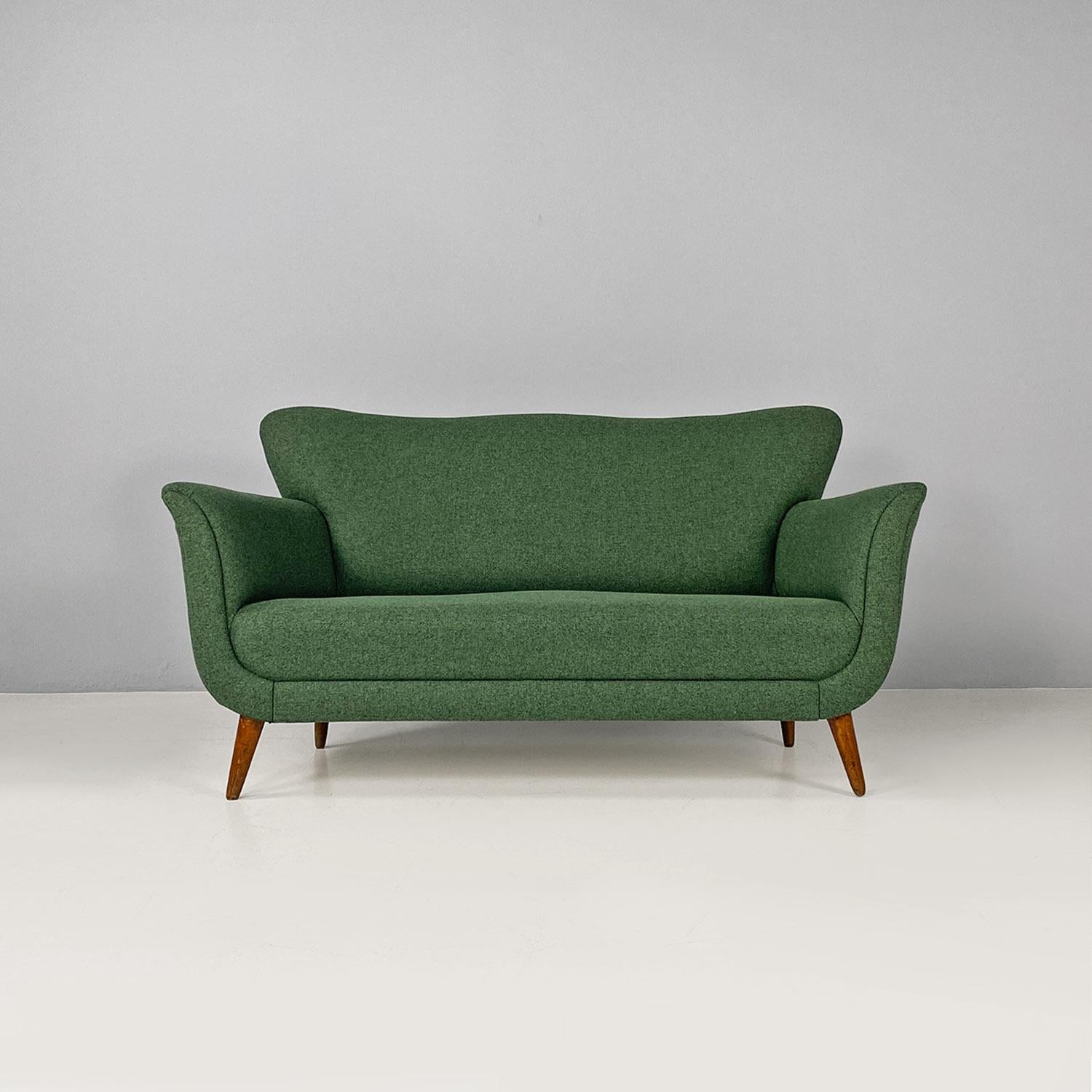 Mid-Century Modern Italian mid century modern two-seater green fabric and wooden sofa, 1950s For Sale