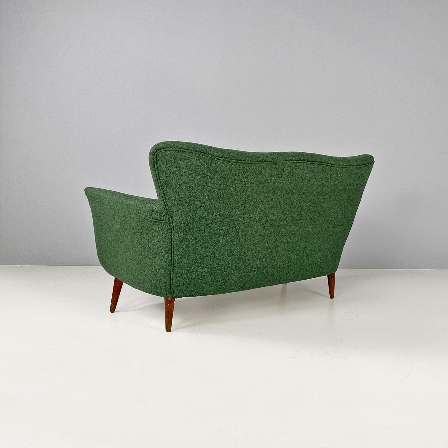 Mid-20th Century Italian mid century modern two-seater green fabric and wooden sofa, 1950s For Sale