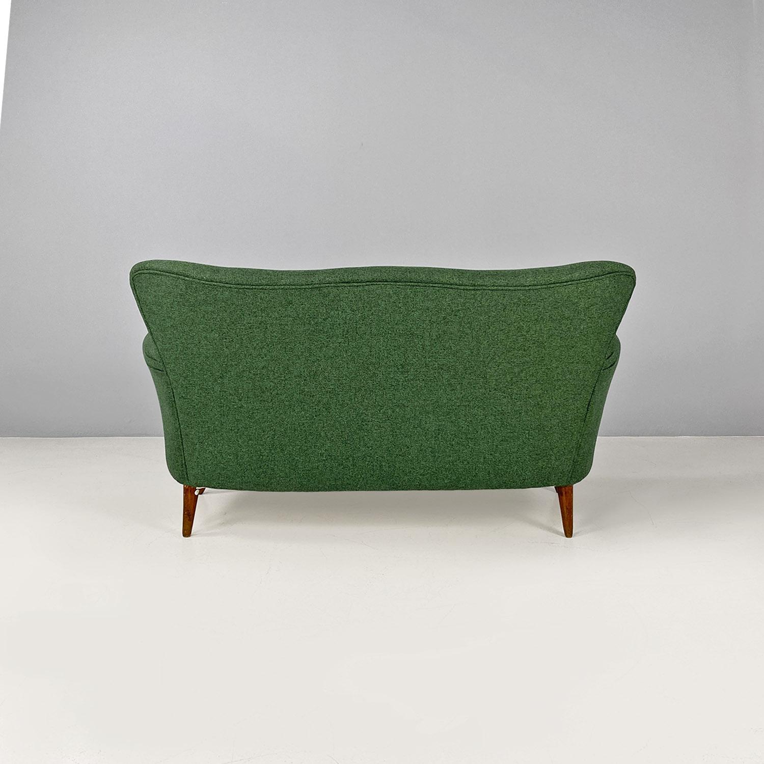 Fabric Italian mid century modern two-seater green fabric and wooden sofa, 1950s For Sale