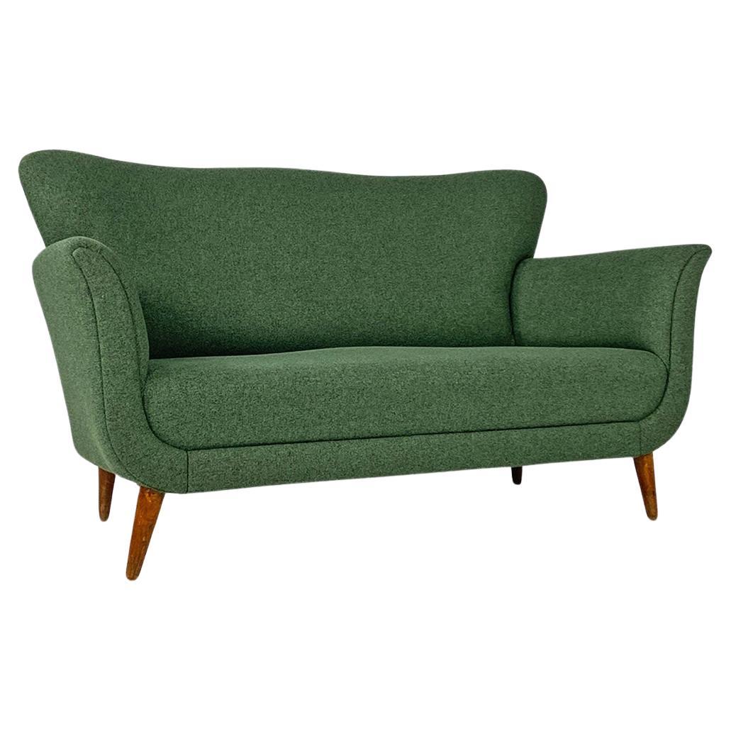 Italian mid century modern two-seater green fabric and wooden sofa, 1950s For Sale