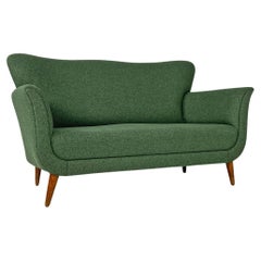 Used Italian mid century modern two-seater green fabric and wooden sofa, 1950s