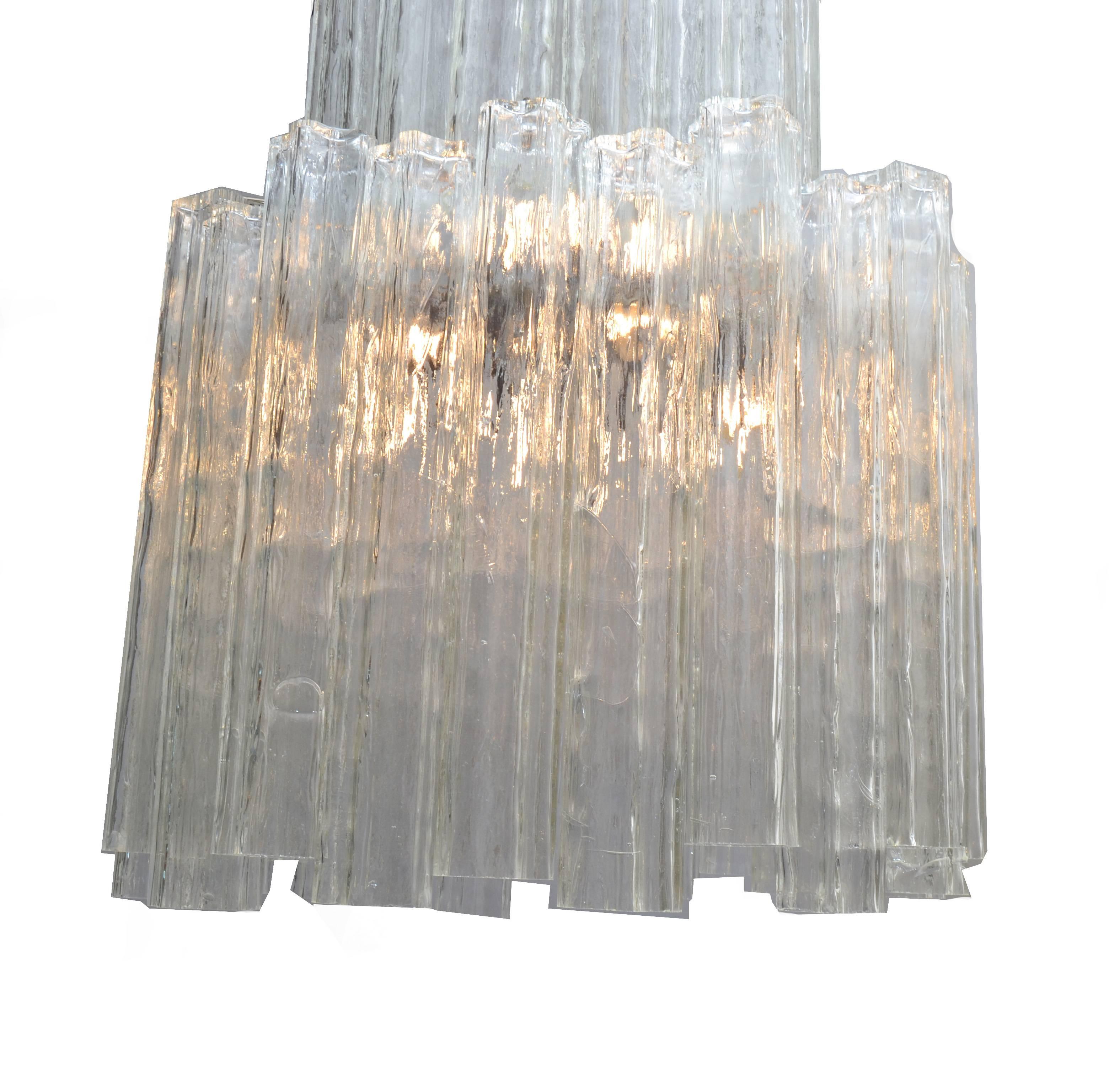 Hand-Crafted Italian Mid-Century Modern Two-Tier Long Crystal Tronchi Shades Chandelier For Sale