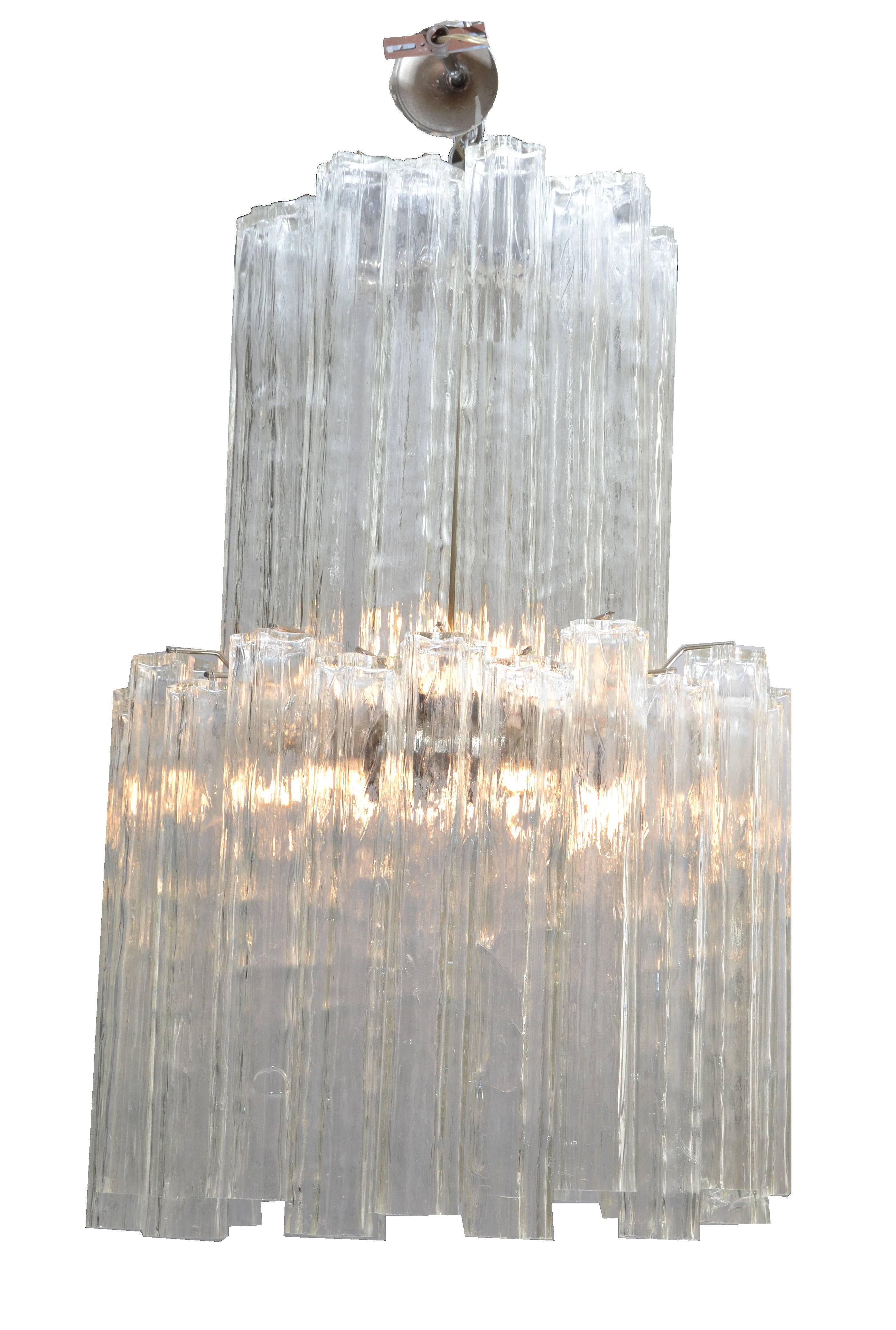 Lustre italien moderne mi-siècle à deux étages avec abat-jour Tronchi longs en cristal en vente 1
