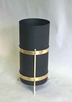 Italian Mid-Century Modern Umbrella Stand or Trash Can in Brass & Enameled Steel