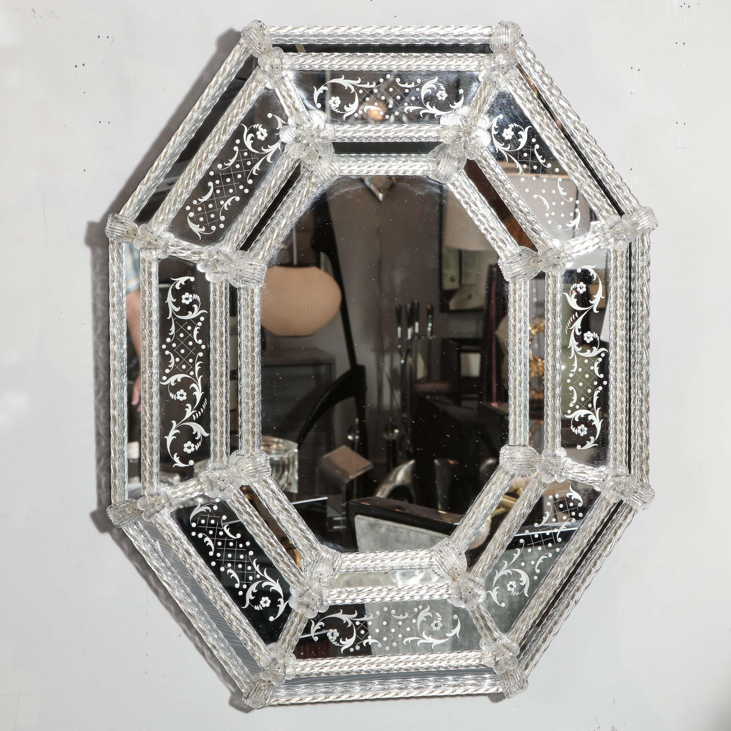 Italian Mid-Century Modern Venetian Braided Mirror with Murano Glass Appliqués In Excellent Condition In New York, NY