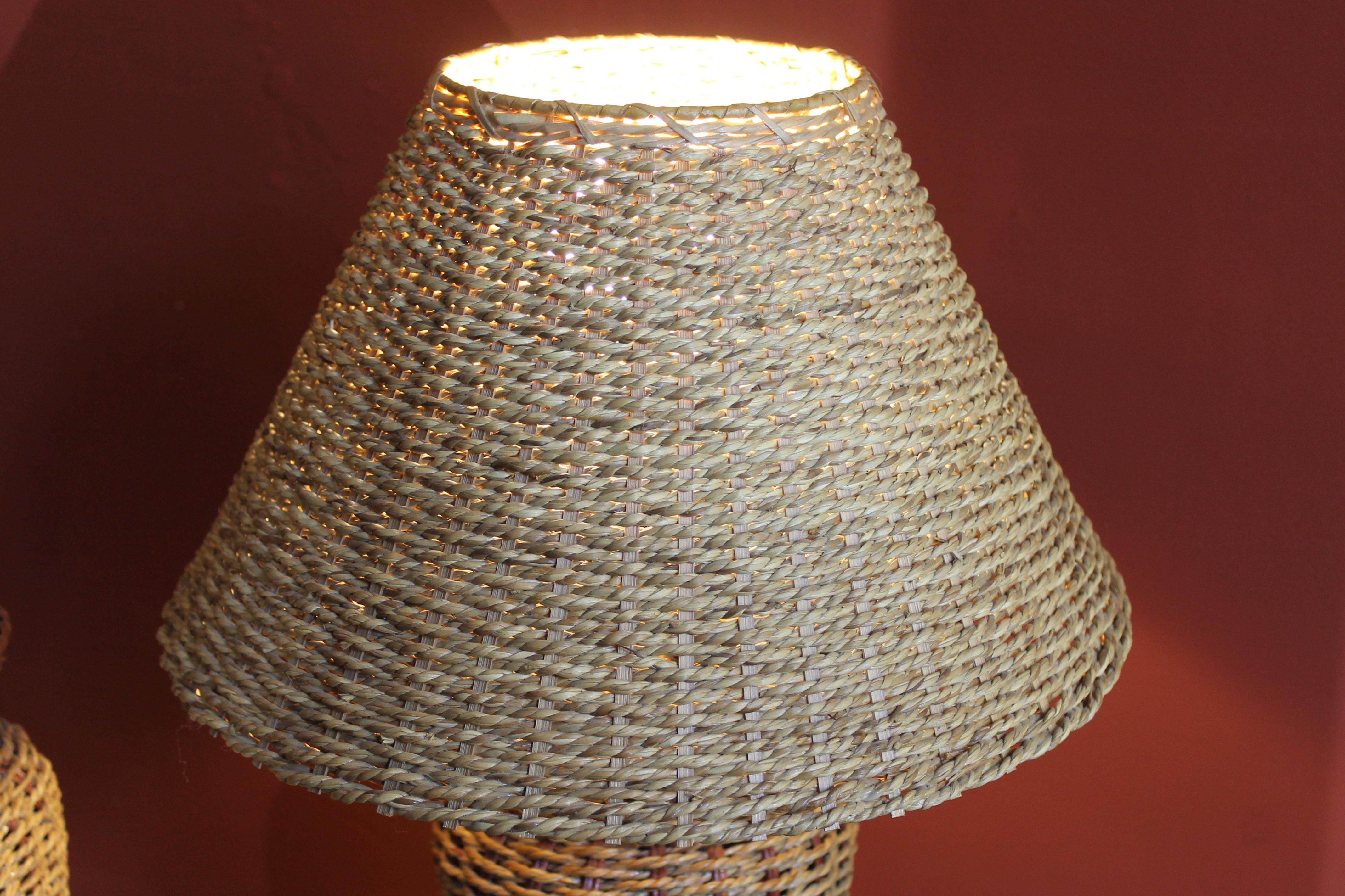 Italian Mid-Century Modern Vintage Woven Rattan Table Lamp with Cane Shades 2