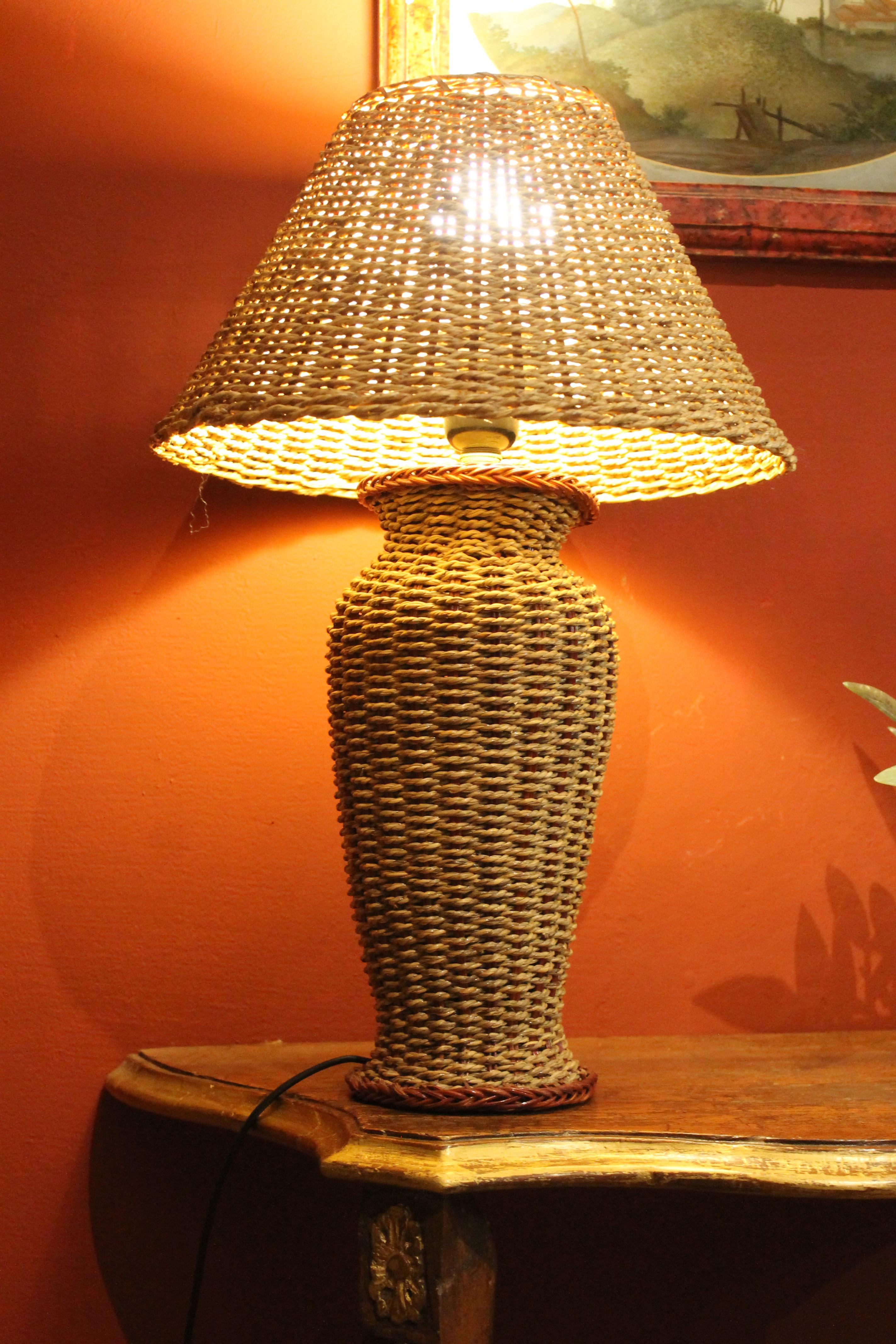Italian Mid-Century Modern Vintage Woven Rattan Table Lamp with Cane Shades 4