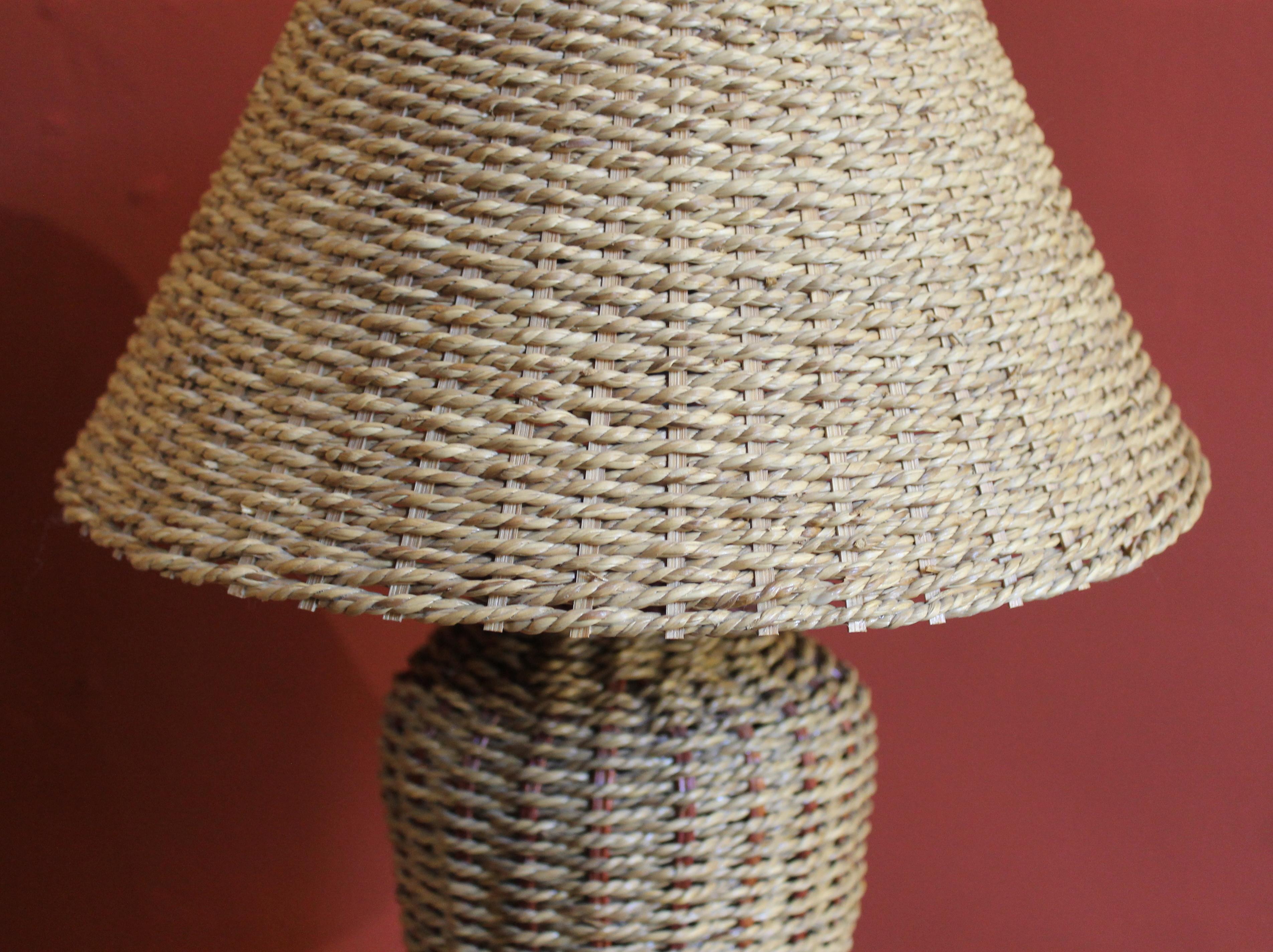 Gilt Italian Mid-Century Modern Vintage Woven Rattan Table Lamp with Cane Shades
