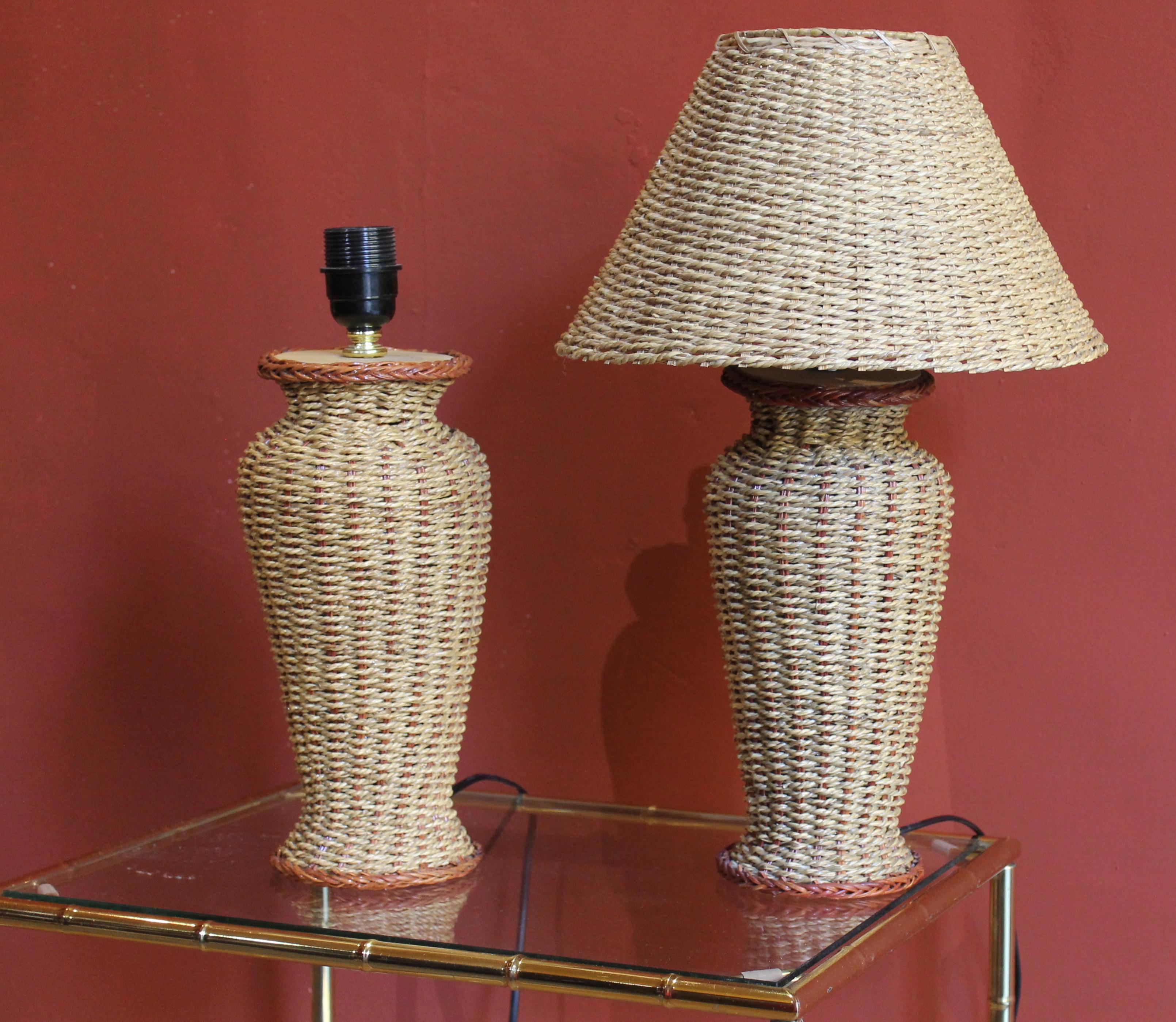Brass Italian Mid-Century Modern Vintage Woven Rattan Table Lamp with Cane Shades