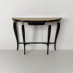Italian mid-century modern wall console in wood, brass and yellow glass, 1940s